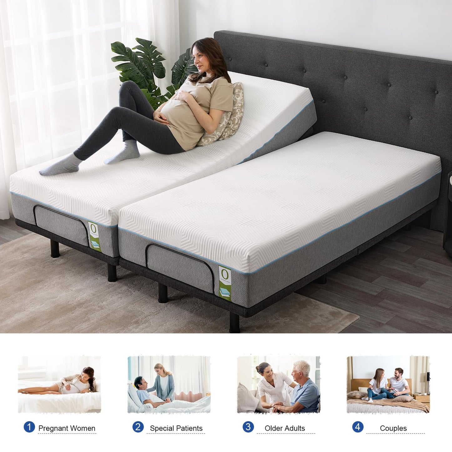 Vipbear Split King Adjustable Bed Frame with Mattress, 12" White Memory Foam Mattress – Electric Bed Base with Pillow-Tilt, Zero Gravity, Anti-Snore, Wireless Remote, USB Ports, Under-Bed Nightlight