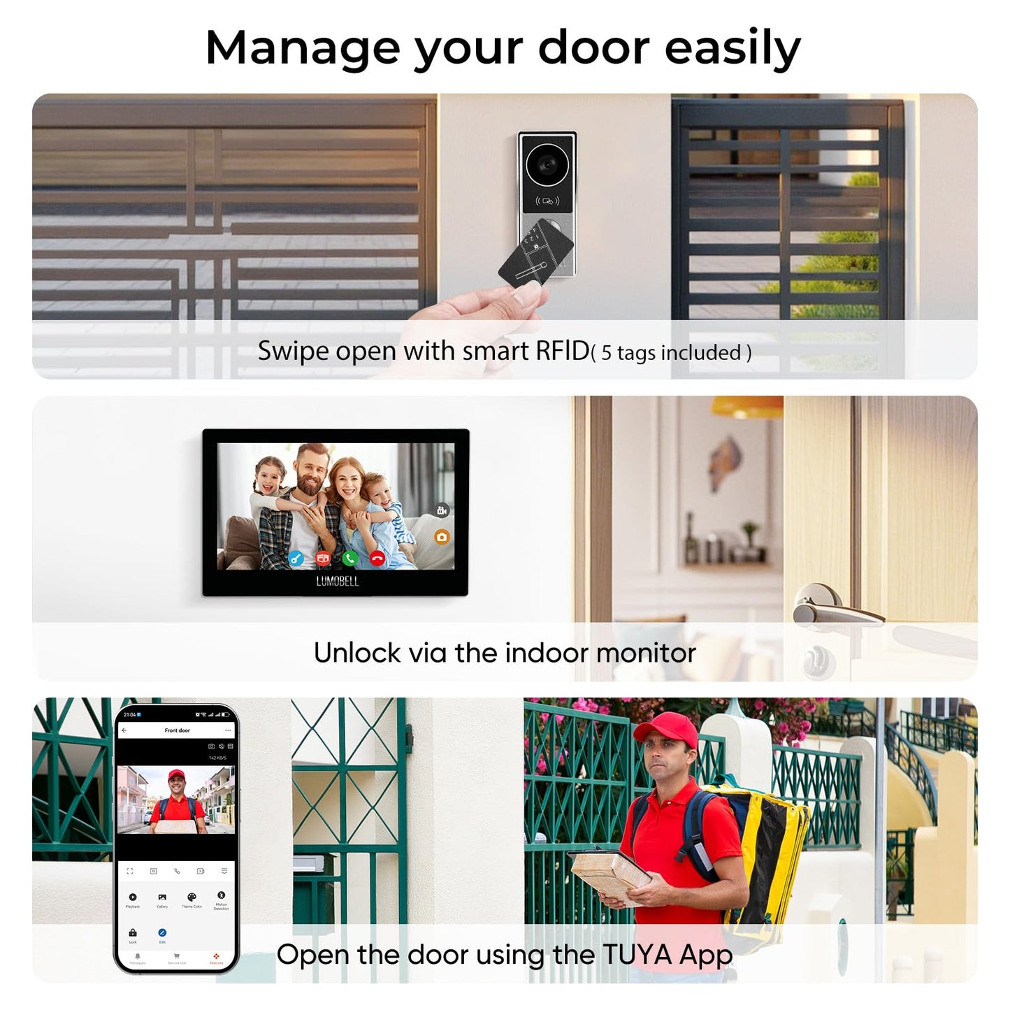 LUMOBELL 2-Wired Video Intercom System with Dual 7'' Touch Screen, 1080P HD Camera & 130° Wide Angle, Two-Way Calling Between Screens, Tuya APP Remote Control, Waterproof, for Villa Apartment