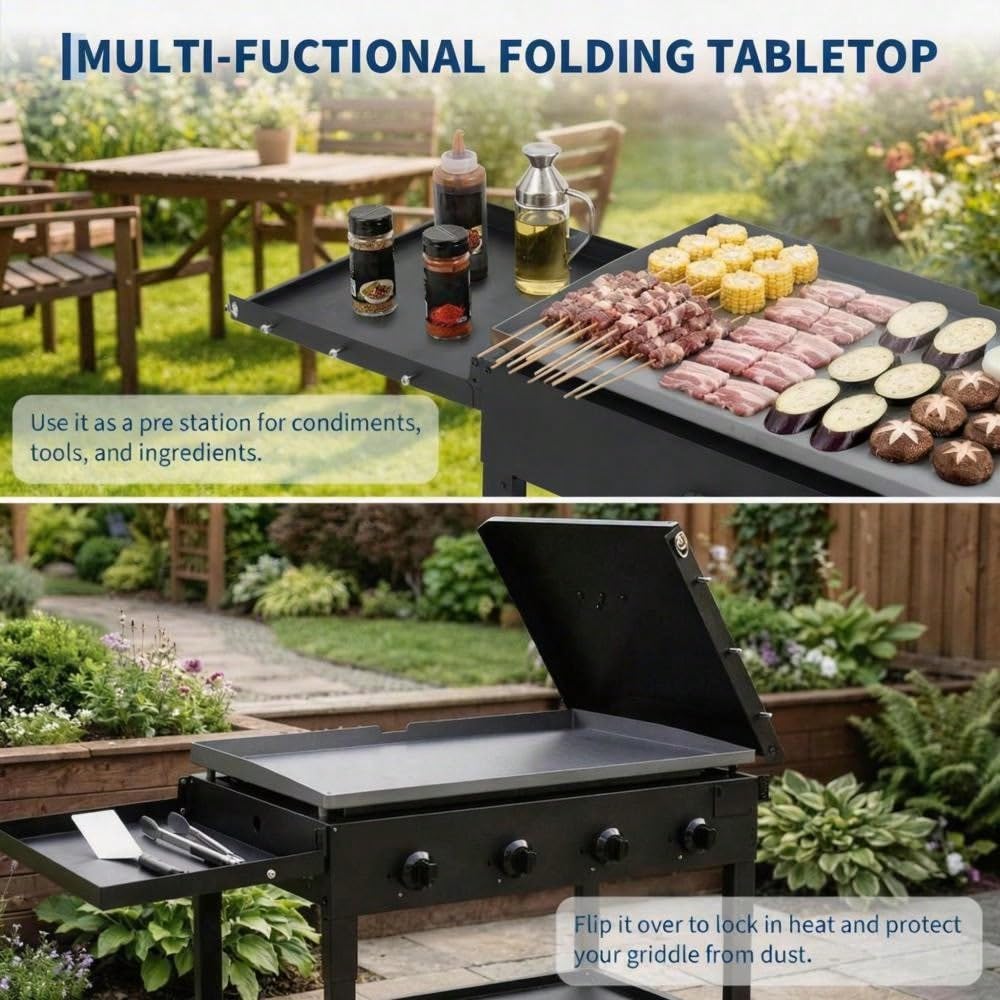 36-Inch Flat Top Gas Griddle, 4-Burner Propane Grill Station (60,000 BTU) with Foldable Shelves & Wheels, Heavy Duty Cast Iron Outdoor Flattop Grill for Backyard BBQ, RV Camping & Pan-Frying