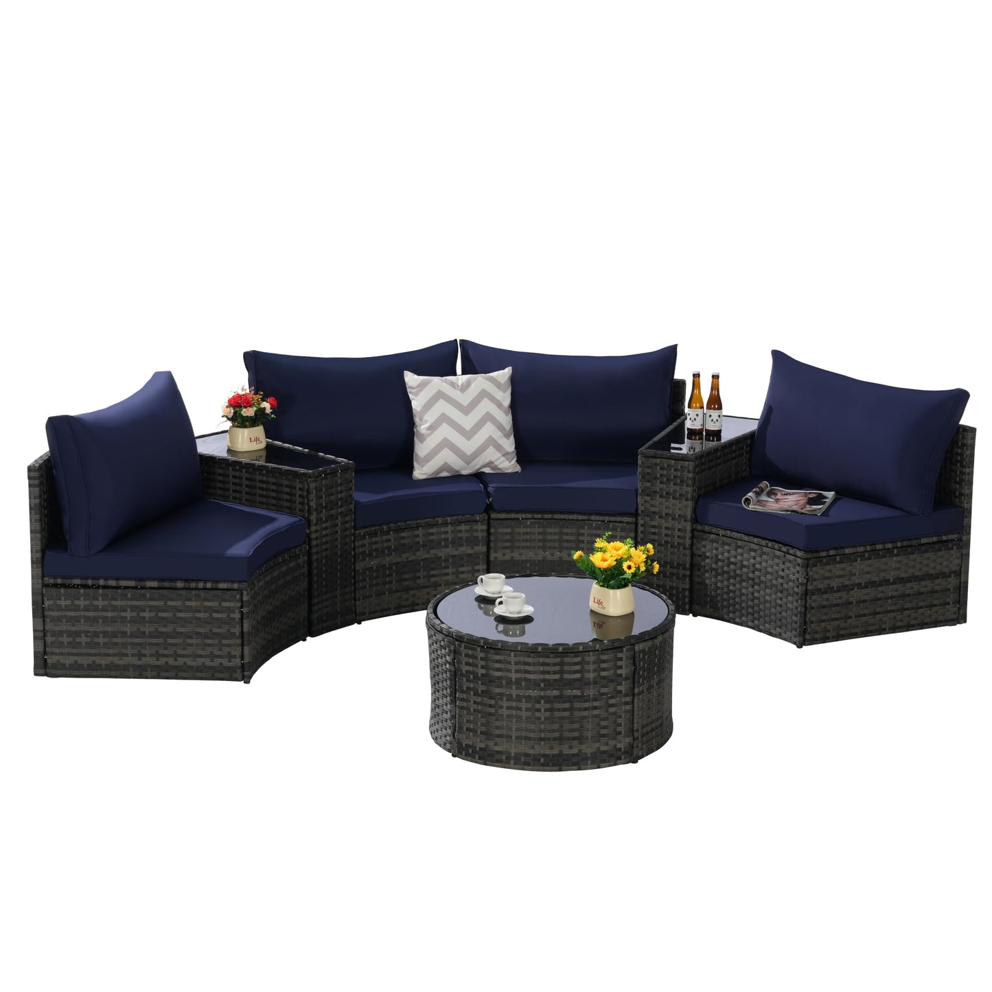 KEIKI Outdoor Patio Furniture 7-Piece Half-Moon Curved Sectional Sofa Set, All-Weather Wicker Patio Conversation Set with Round Coffee Table and 2 Storage Armrests for Poolside Backyard, Dark Blue