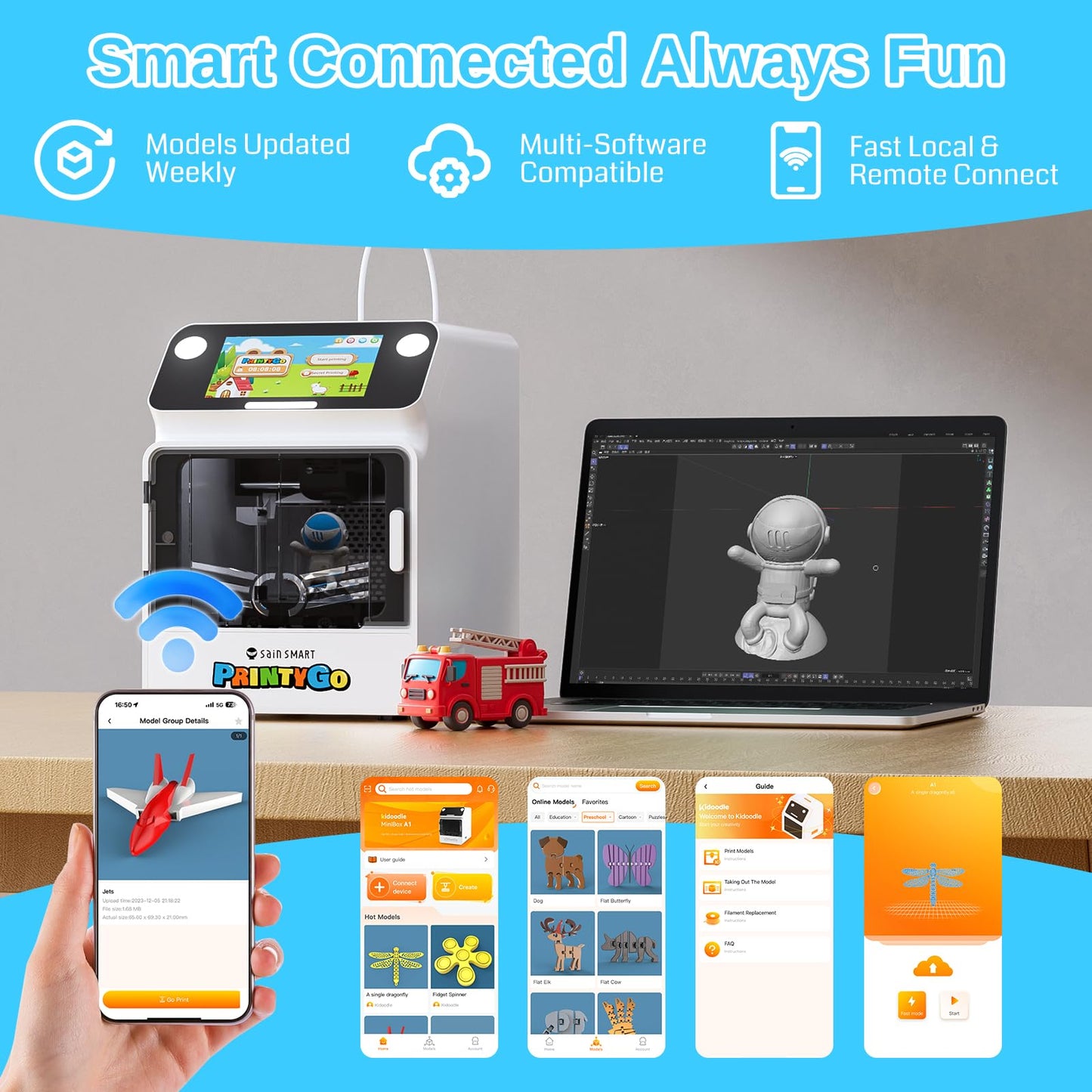 SainSmart PrintyGo 3D Printer for Kids, 600mm/s Auto Leveling Printer for Beginners with 5" Touch Screen, 1500+ Models, Child-Safe Design, Wi-Fi/App Control, Pre-Assembled for STEM Learning Gift