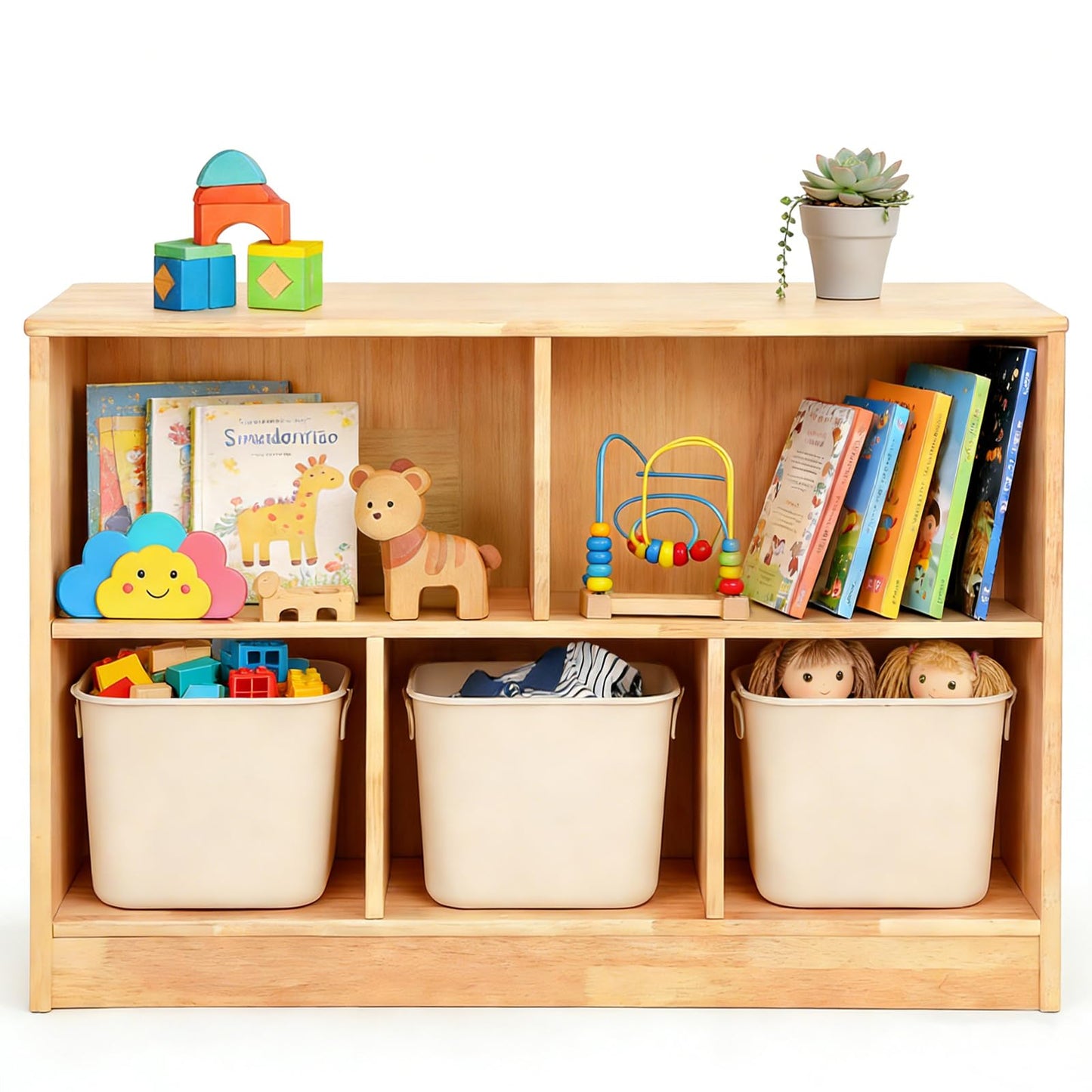 WINGYZ Rubber Wood Montessori Bookshelf, 5-Section Wooden Storage Cabinet, 2 Shelf Bookcase Toy Storage Organizer, 35.4" L Montessori Shelf for Kids Rooms Playroom Nursery Classroom Daycare Furniture