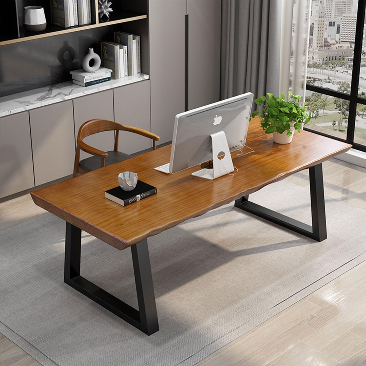 tiedingdingjiaju Modern Solid Wood Executive Desk – Spacious and Minimalist Home Office Workstation Perfect for Writing and Professional Use (Light Brown, 62.99in)