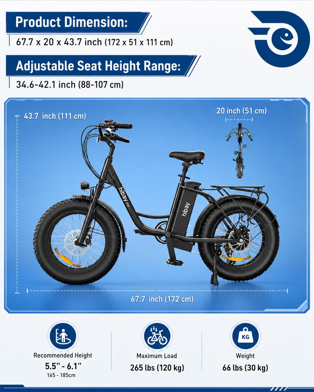 Hiboy EX6 Electric Bike for Adult, 500W High-Torque Motor, 25 MPH, 48V 14.5Ah Removable Battery, 20" x4.0 Fat Tires, Shimano 7-Speed, Front Suspension, Step-Through Frame, Crisp White