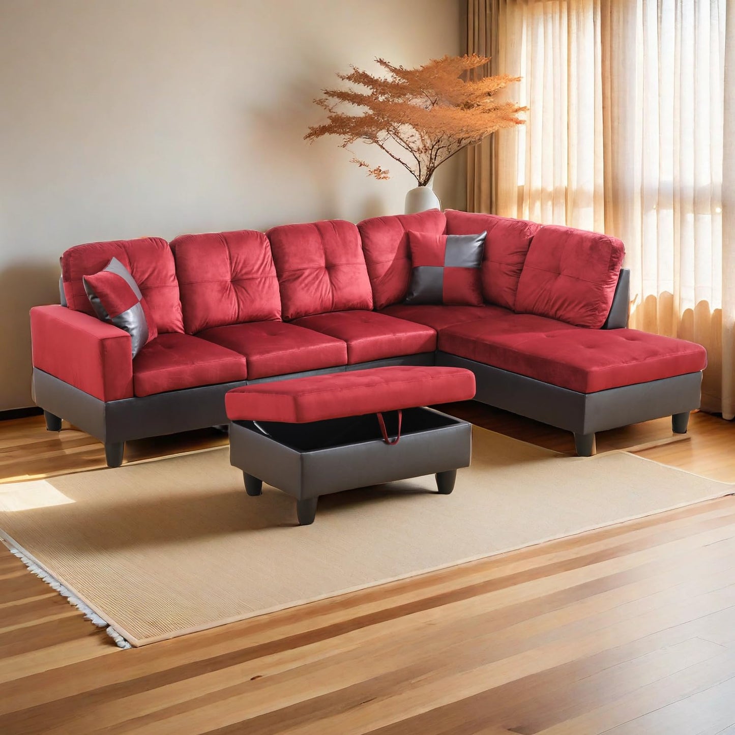 UOCFYK 3 Pieces Sectional Sofa Sets, L-Shape Sofa Microfiber Couch Living Room Sofa Set with Chaise Using for Living Room Furniture - Right Hand Facing,Red