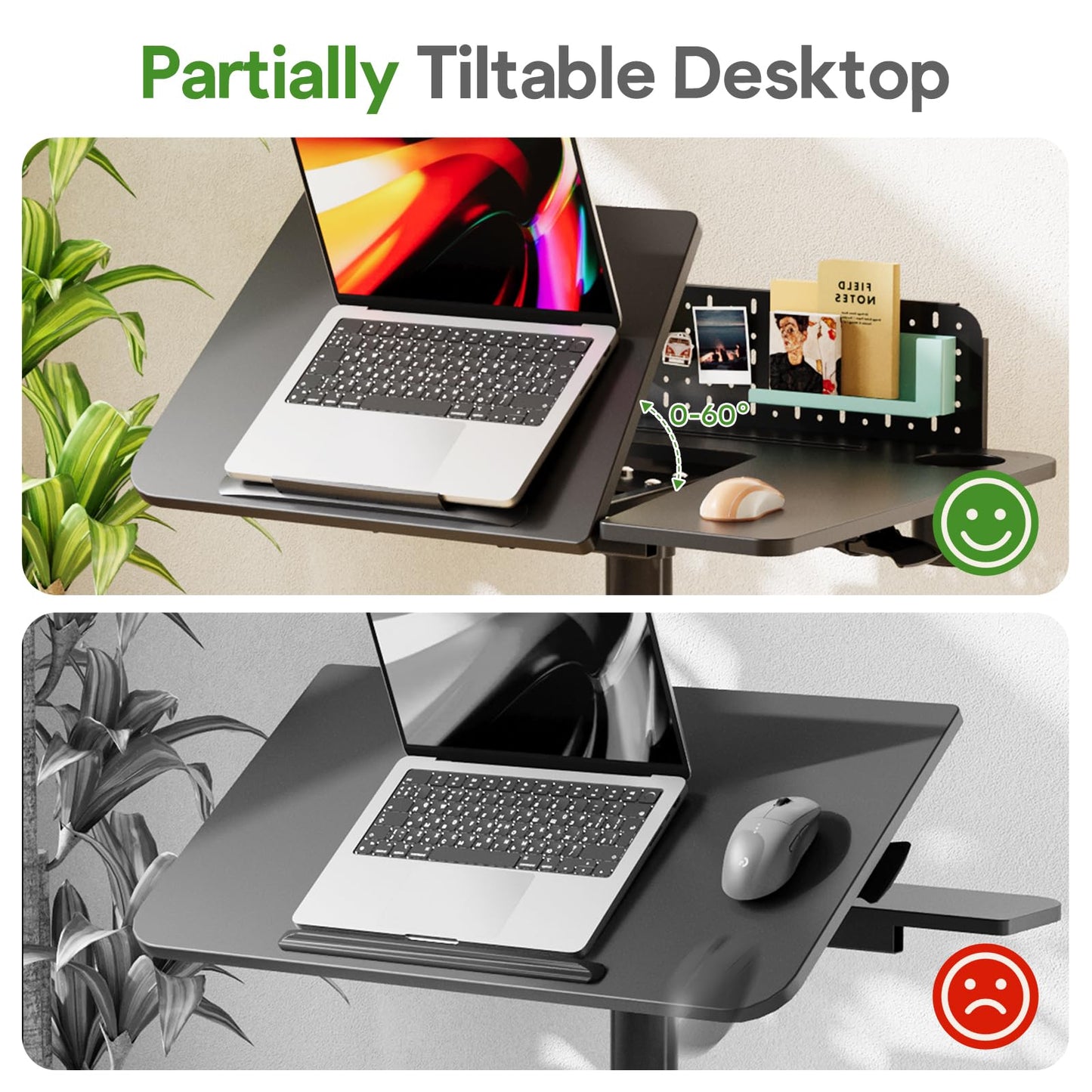 JOY worker Mobile Standing Desk with 60° Tiltable Desktop, 28" Height Adjustable Rolling Desk, DIY Pegboard & Storage Base, Portable Laptop Desk with 4 Lockable Wheels for Home Office, Black