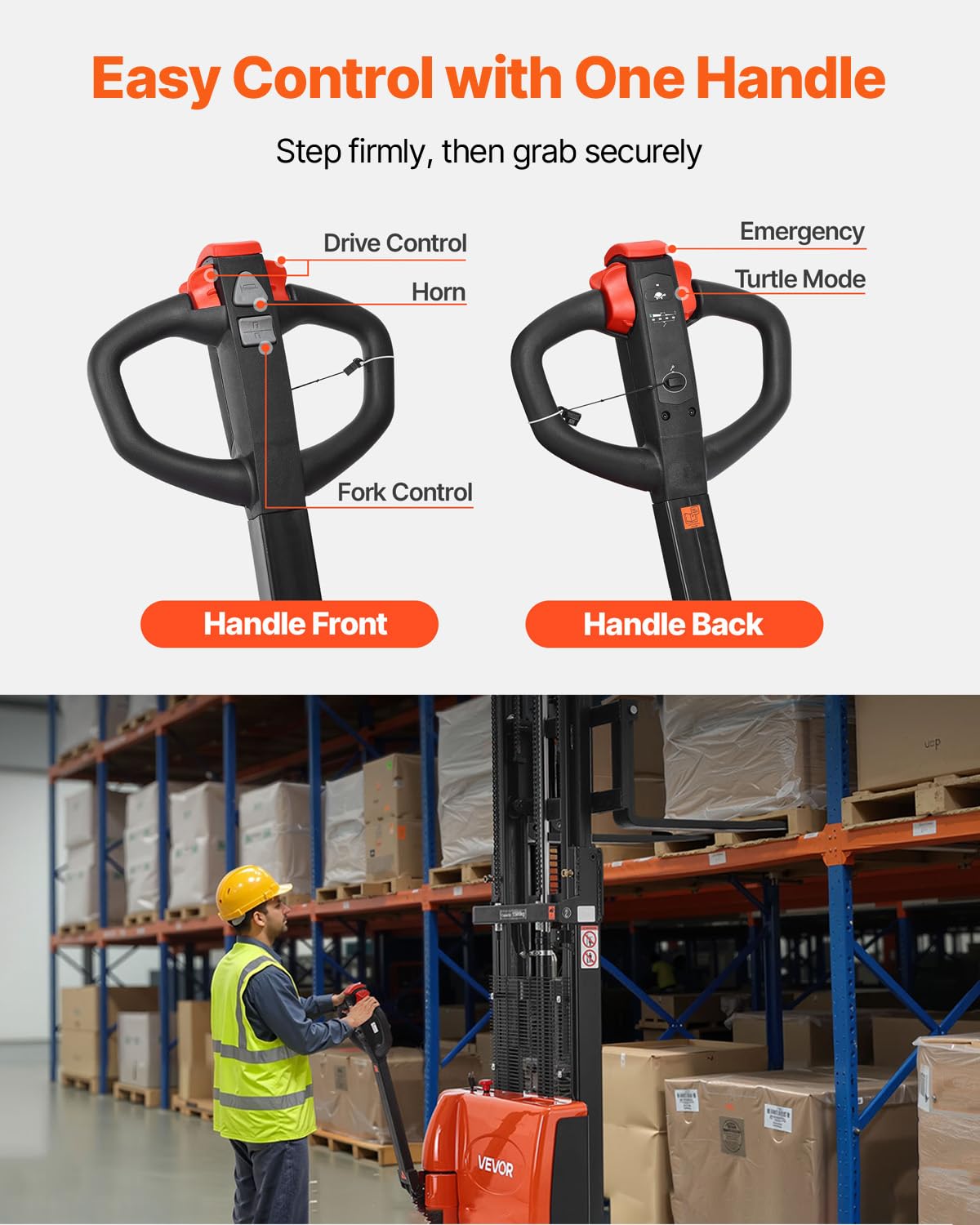 VEVOR Full Electric Pallet Stacker, 3300 lbs Load Capacity, 130'' Max Lifting Height, Pallet Lift Stacker Forklift with Straddle Legs & Forks, 8.66-31.1 Inches Adjustable Fork Width, Orange & Black