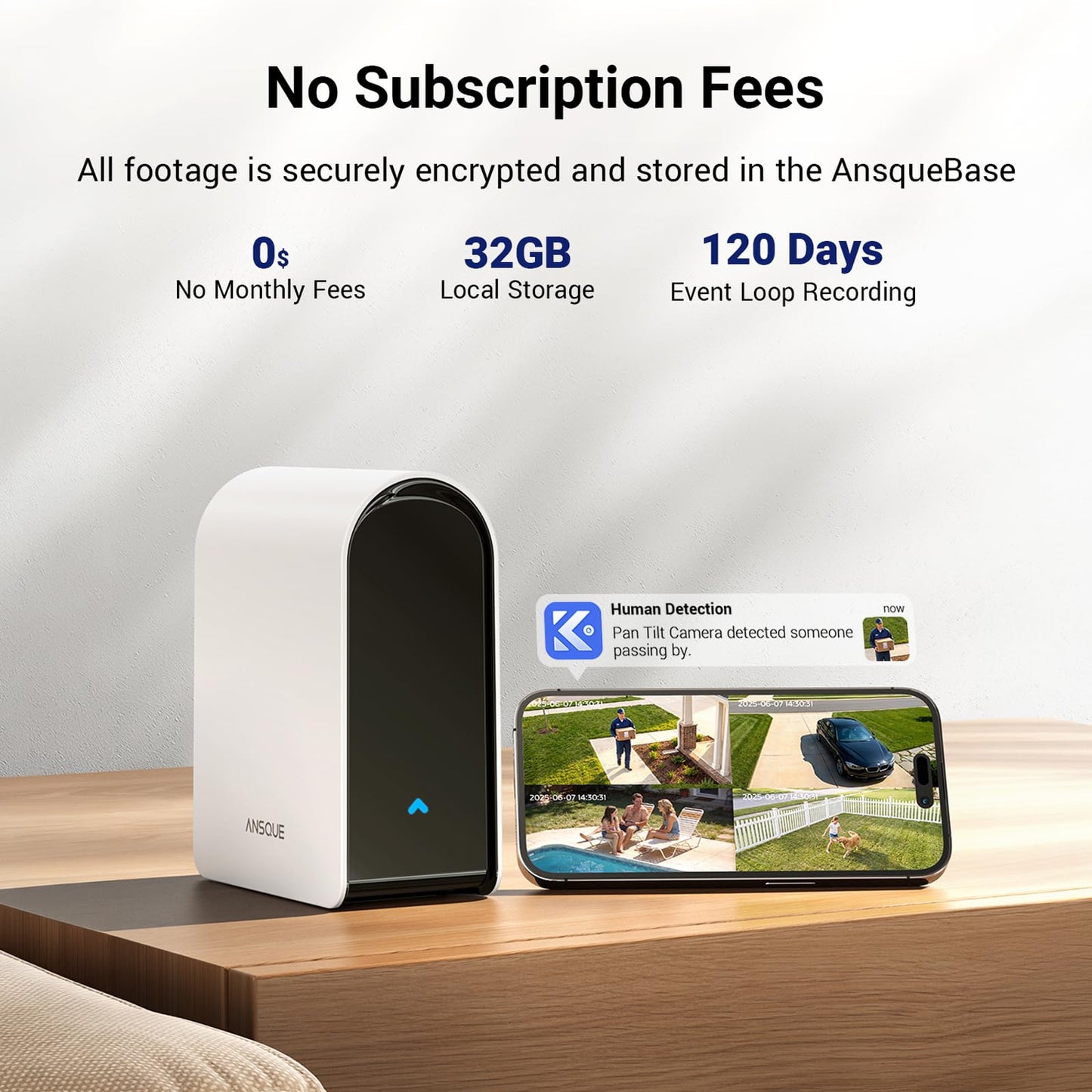 ANSQUE Security Cameras Wireless Outdoor Home System, 2 Camera Kit, No Subscription Fees, Solar Powered, Local Storage, 365-Day Battery Life, 360°PTZ Surveillance, Auto Tracking, 2K Color Night Vision
