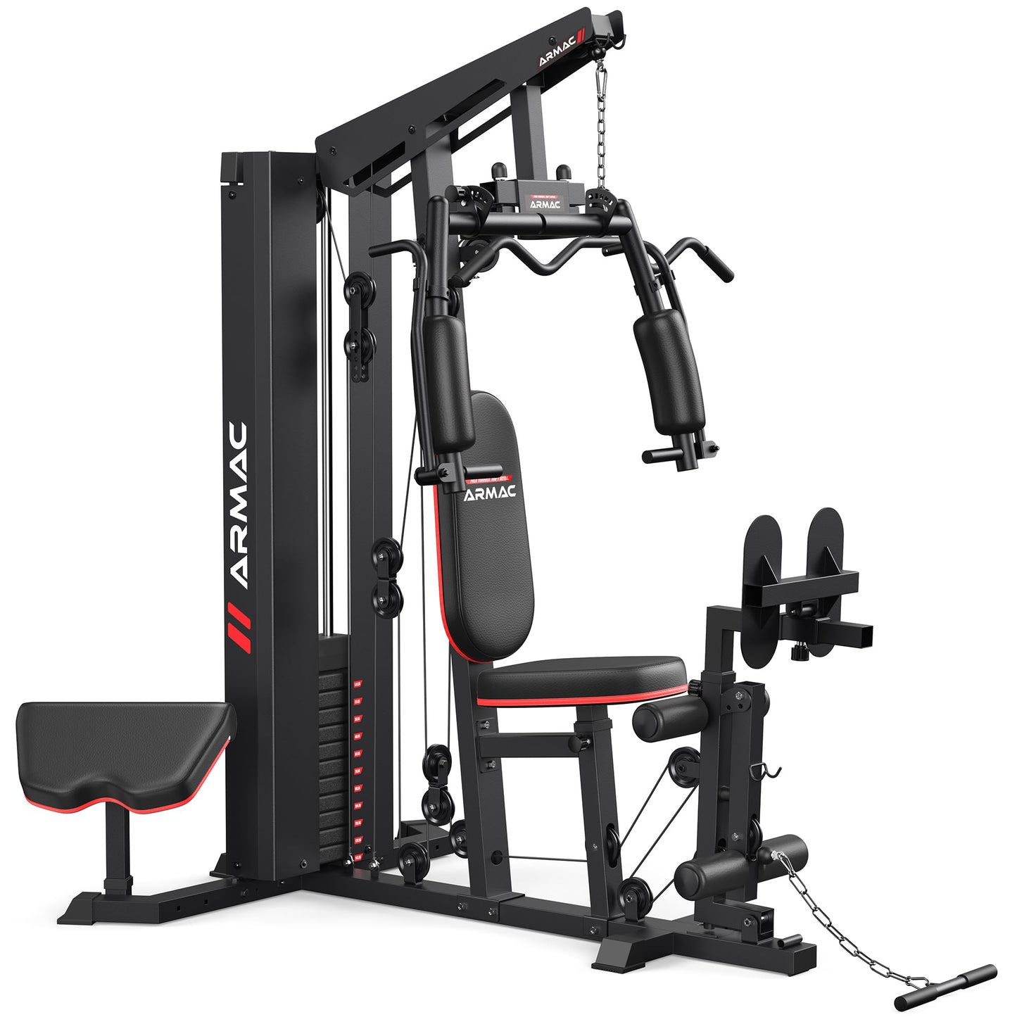 Sportsroyals Home Gym, Multifunctional Workout Station with 150LBS Weight Stack, Full Body Workout Machine with Pulley System for Strength Training (Black red)