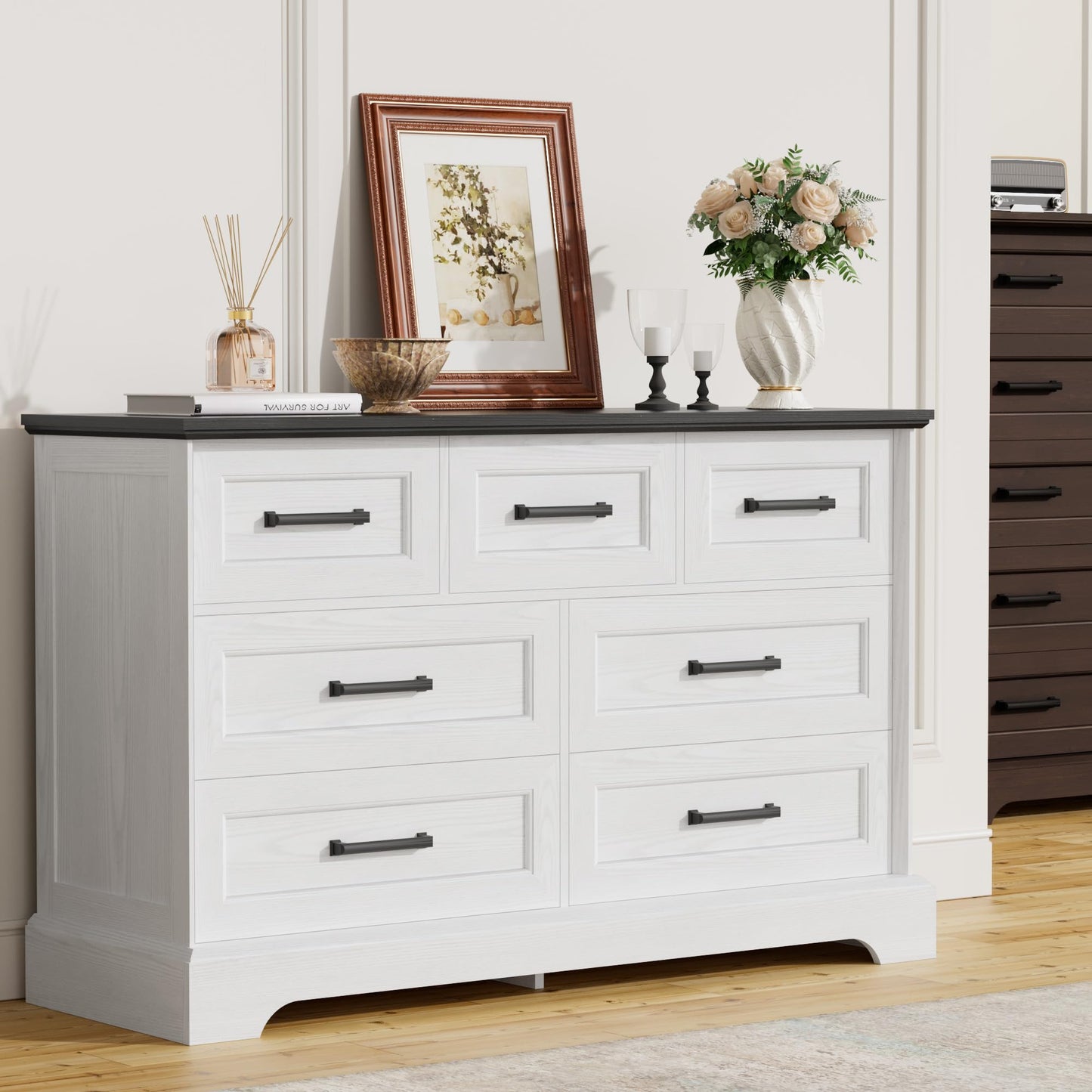 Furmax Farmhouse Dresser for Bedroom, 7 Drawers Dresser, Wood Chest of Drawers, 47.5" Wide Storage Dressers Organizer for Bedroom, Living Room, White and Black