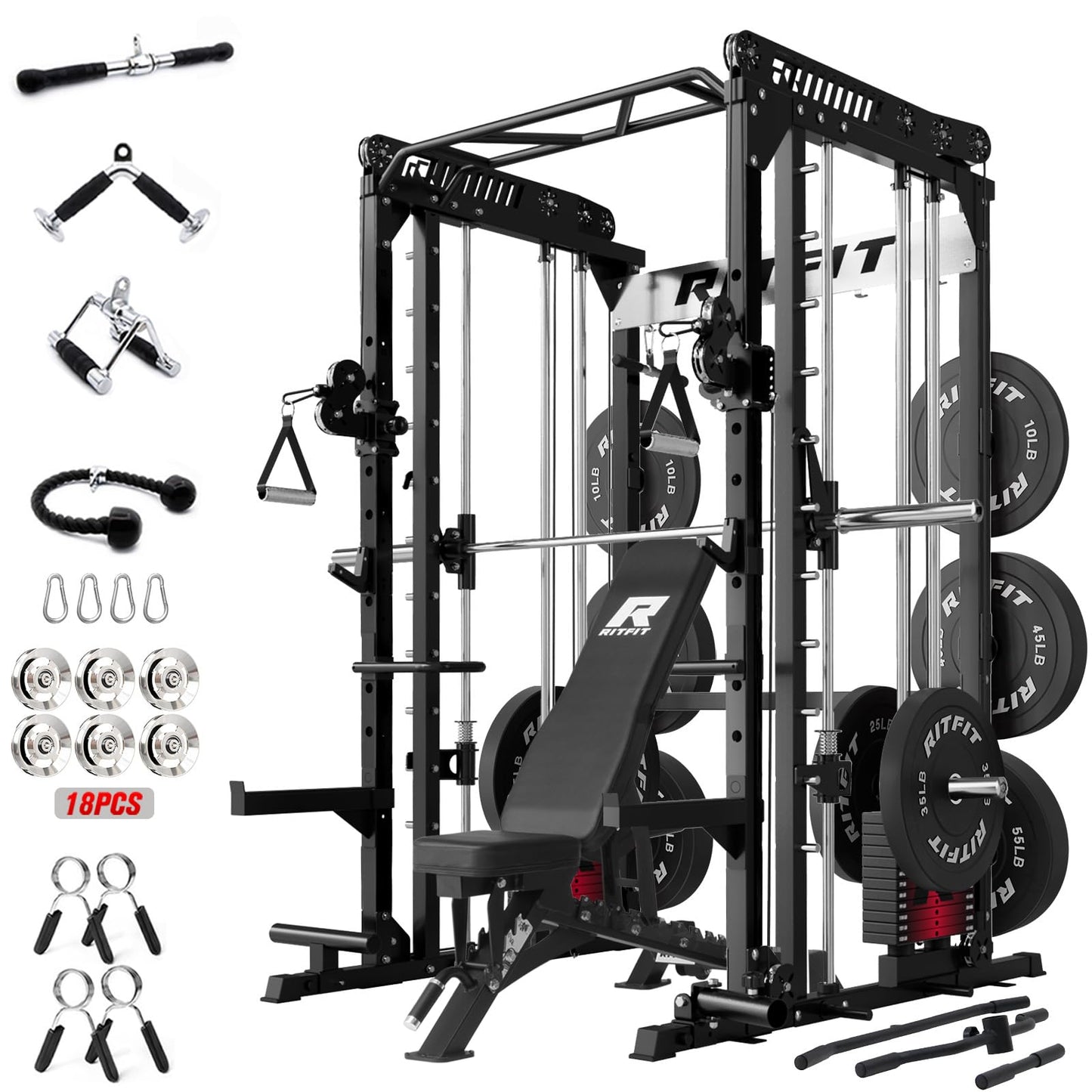 RitFit M1 Pro Smith Machine Package, All-in-One Power Cage with Weight Stack Set, Includes LAT Pulldown & Cable Crossover System for Home Gym