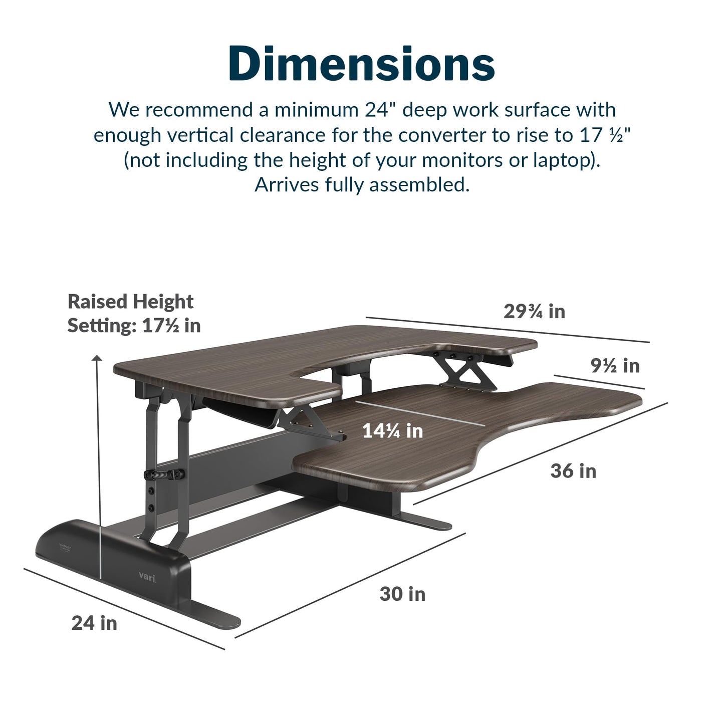 Vari Varidesk Pro Plus 36 Standing Desk Converter for Home Office – 11 Height Settings + Spring-Loader Lift, 2 Tier Design with Keyboard Tray, Fits Tables 26.5" Deep – Fully Assembled (Espresso)