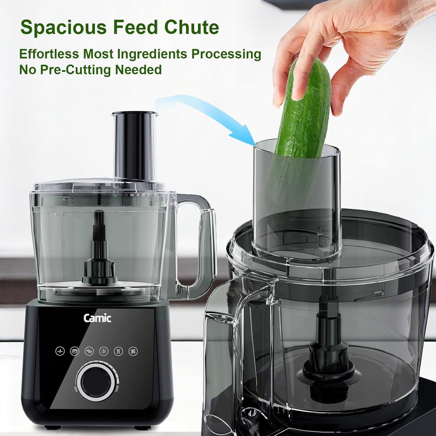 Camic Food Processor and Blender for Home Use, 600W, Blending, Grinding, Shredding, Slicing, Doughing, Meat and Vegetable Chopping, Ice Crushing, 6 Presets, Easy to Operate and Clean (Upgrade Version)