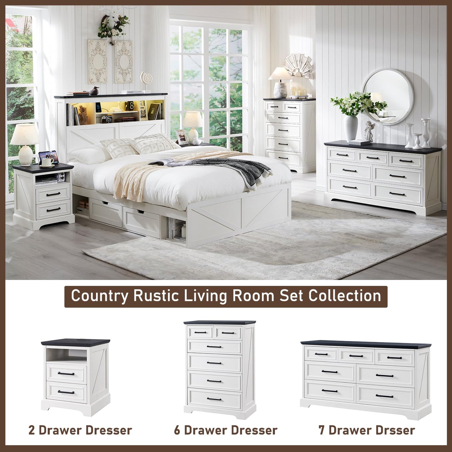 ACCOHOHO 7 Drawer Dresser, Farmhouse Chest of Drawers for Bedroom, 52" Wide Dresser with Large Metal Handles, Wood Drawer Organizer for Living Room, Hallway - Off White