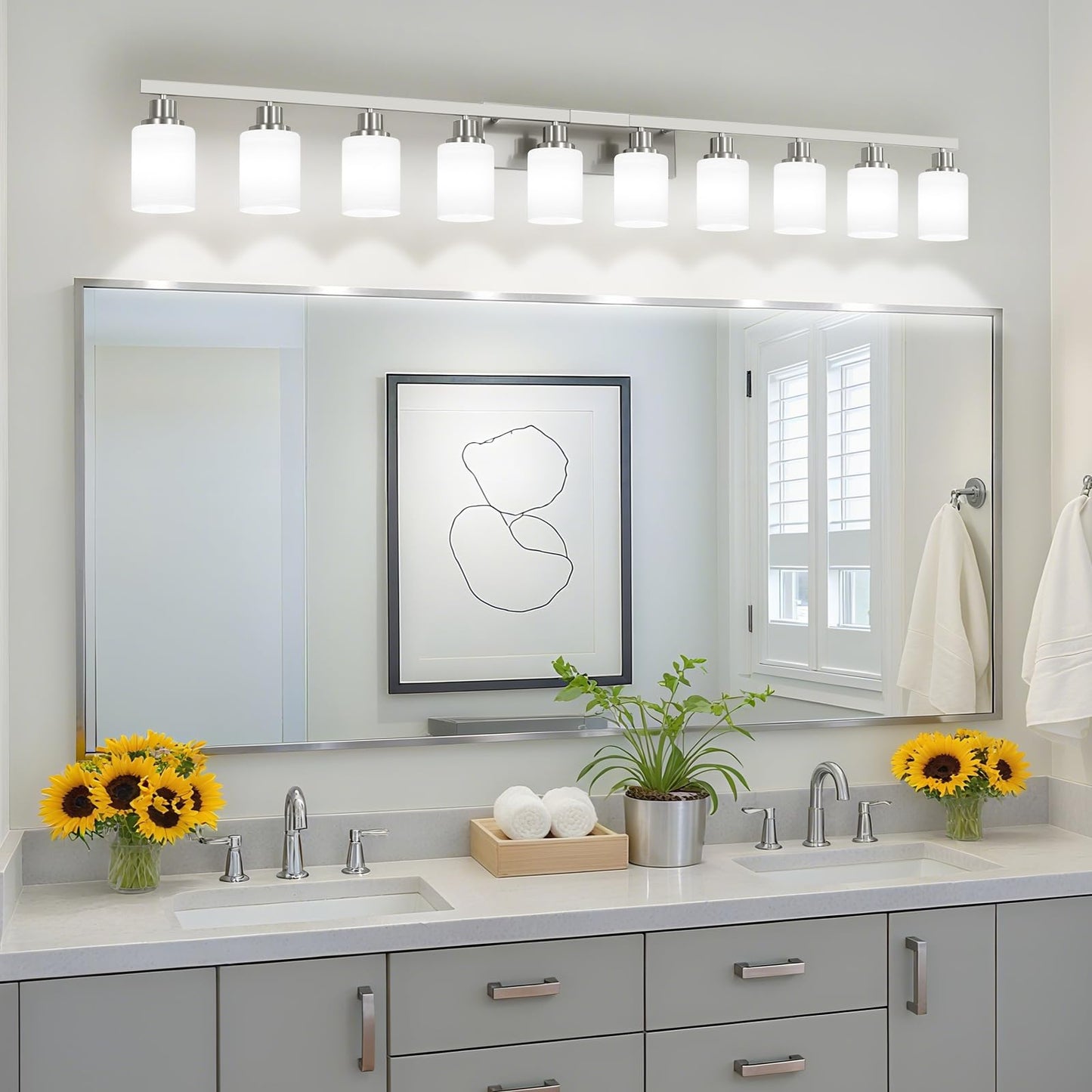 DIKAIDA 10-Light Bathroom Vanity Light Brushed Nickel,64.5in Vanity Lights with White Frosted Glass,Modern Bathroom Wall Lights Fixtures Over Mirror,Wall Sconces Lighting for Bedroom Living Room,E26