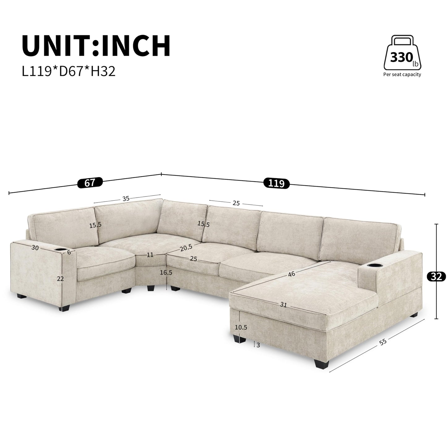 ERYE 119-Inch U-Shaped Sectional Sofa Couch W/Right Facing Chaise Lounge,Comfy Chenille Upholstered Fabric Modular Sofa Couch with Cup Holders for Living Room Sets