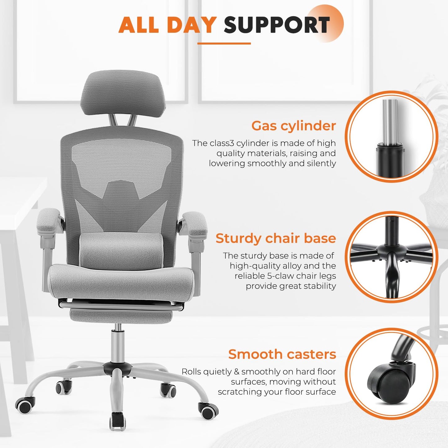 Sweetcrispy Office Computer Desk Chair Set of 2, Ergonomic High-Back Mesh Rolling Work Swivel Chairs with Wheels, Comfortable Lumbar Support, Comfy Arms for Home, Bedroom, Study, Student, Light Grey