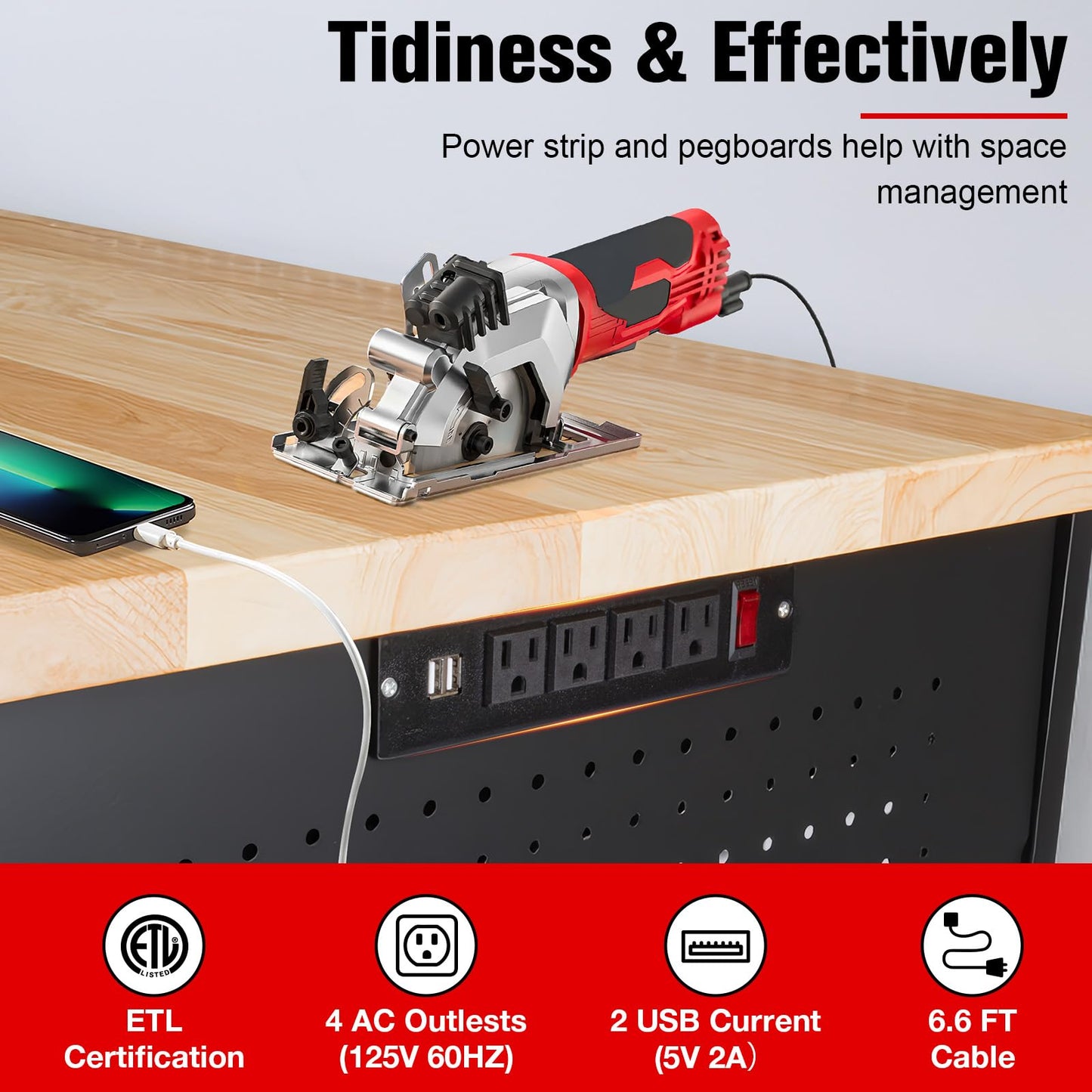MUWOOD 60" Workbench with Drawers, Work Benches for Garage with Strip Light, Adjustable Work Table with Large Pegboard, 2000 LBS Heavy Duty Table with Power Outlet Rubber Wood for Garage