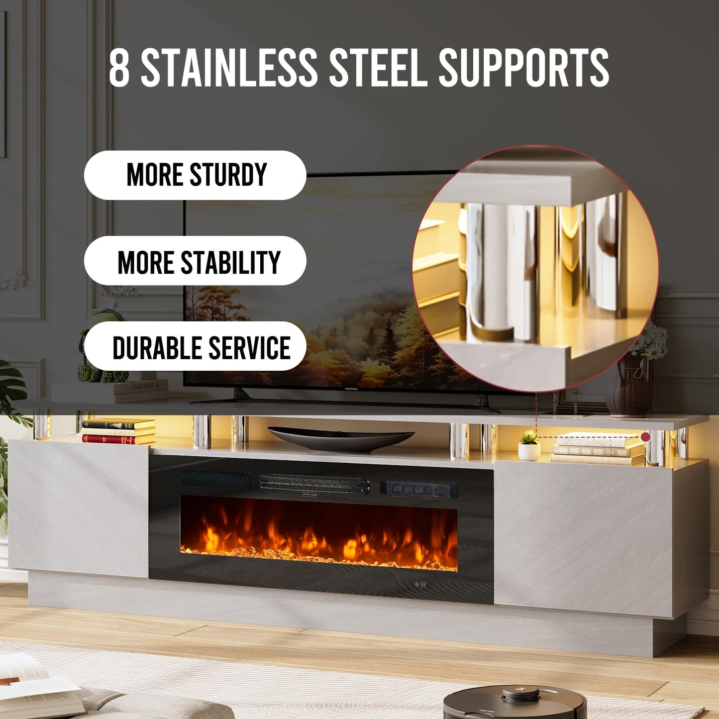 OneBlis 70" TV Stand for Living Room, Entertainment Center with Storage Cabinet, Fits TVs up to 80", Modern Media Console with Shelves, 36" Electric Fireplace (Grey+Black)