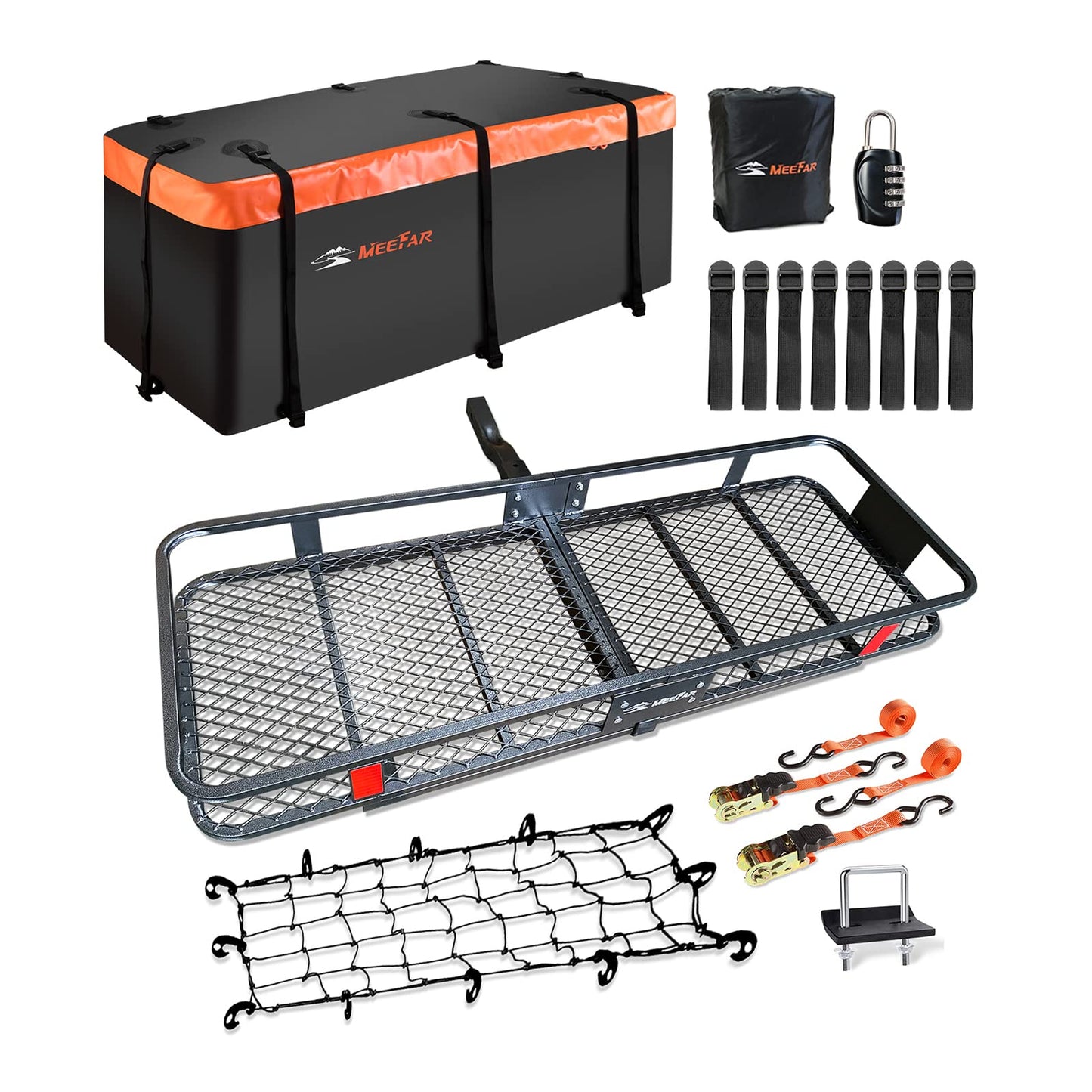 Hitch Mount Cargo Carrier Basket 60"*20"*6"+Waterproof Bag 16 Cubic Feet(58"*19"*24"),and Cargo Net with Attachment Hooks,Ratchet Straps,Hitch Stabilizer.500 Lbs Capacity,Foldable,fit 2" Receiver