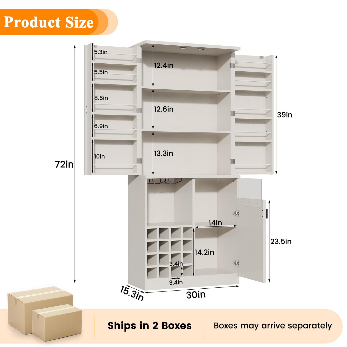kepptory 72" Tall Kitchen Pantry Storage Cabinet, Freestanding Bar Cabinet with RGB LED Light, White Kitchen Buffet Sideboard with Doors for Dining Room Living Room