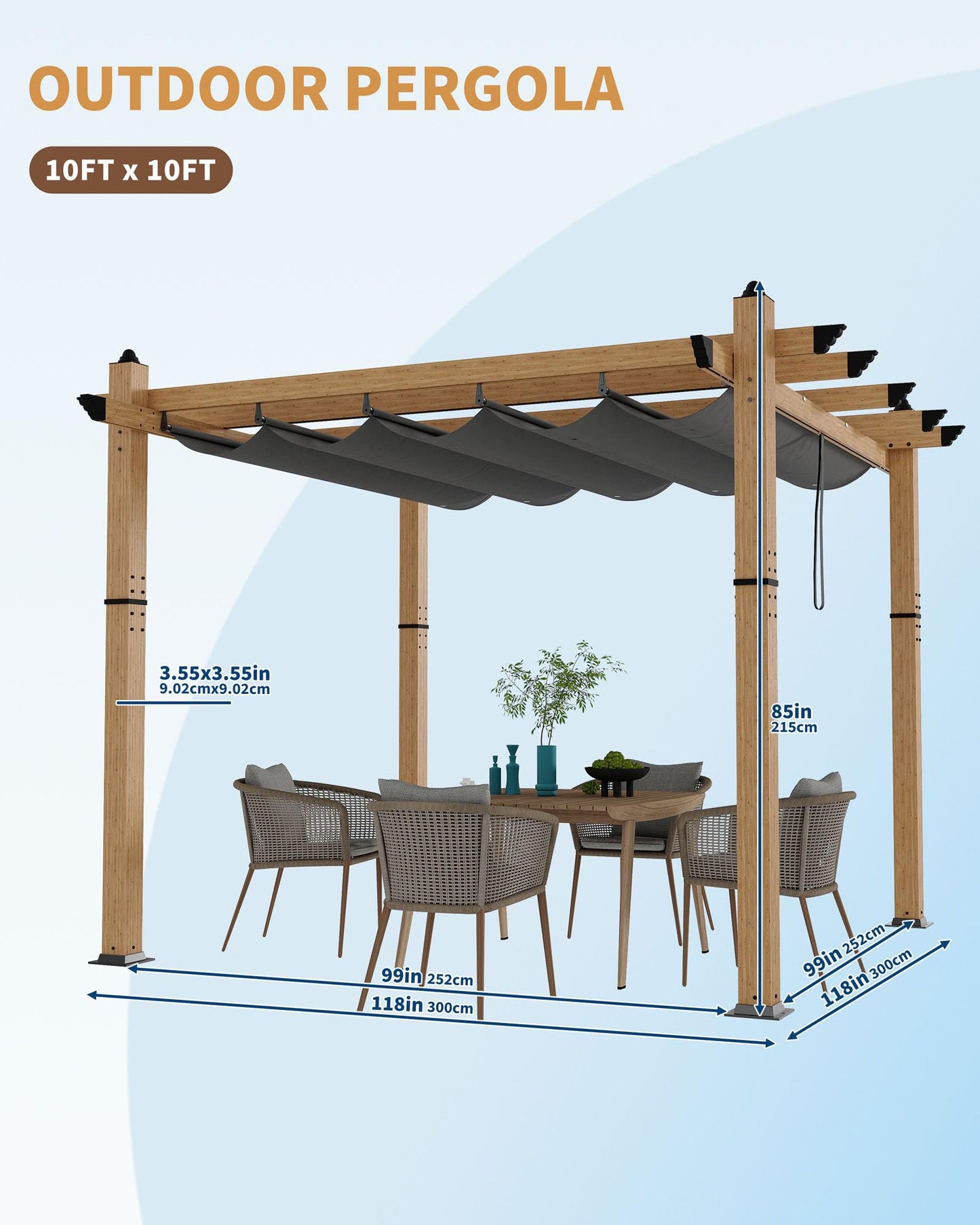 KYBOLT 10x10 Ft Outdoor Pergola Aluminum Pergola with Retractable Canopy Wood-Grain Sun Shade Shelter for Garden Patio Backyar Deck(Gray)