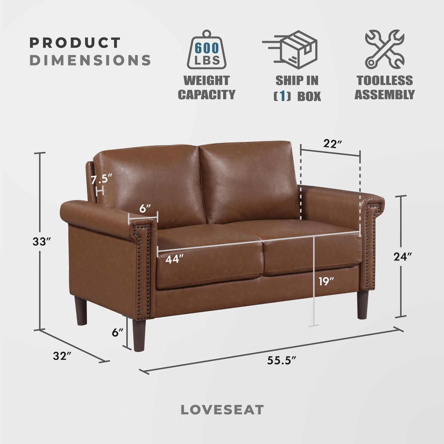 Lexicon 55.5" W Modern Living Room Loveseat - Faux Leather Love Seat with Rolled Arms, Attached Cushions, Nailhead Trim, for Bedroom/Apartment/Office, Easy Assembly, Chocolate