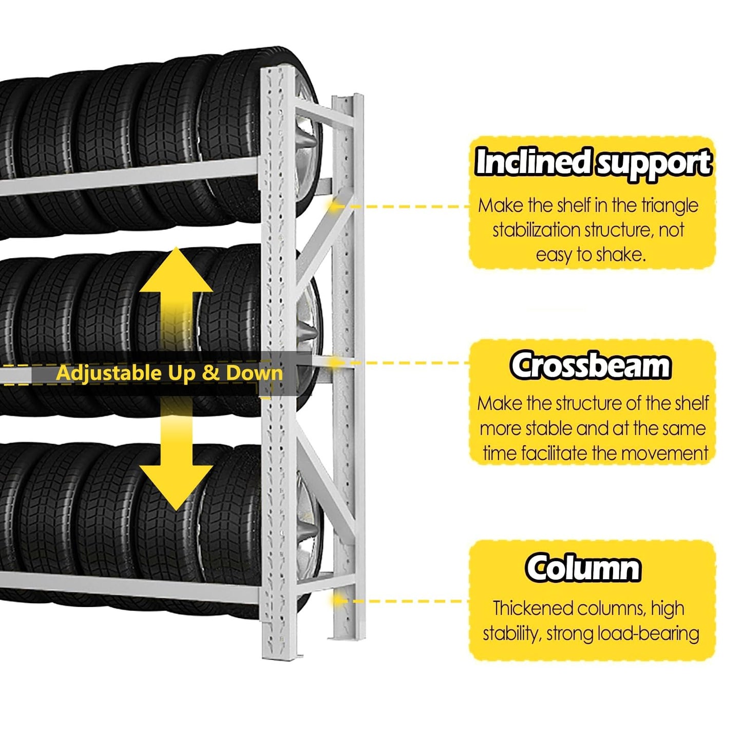 AOCDNEK Tire Rack, 3 Tiers Adjustable, 1100lb Load Capacity, for Garage, Auto Repair Shop, White(78.7x23.6x78.7in)