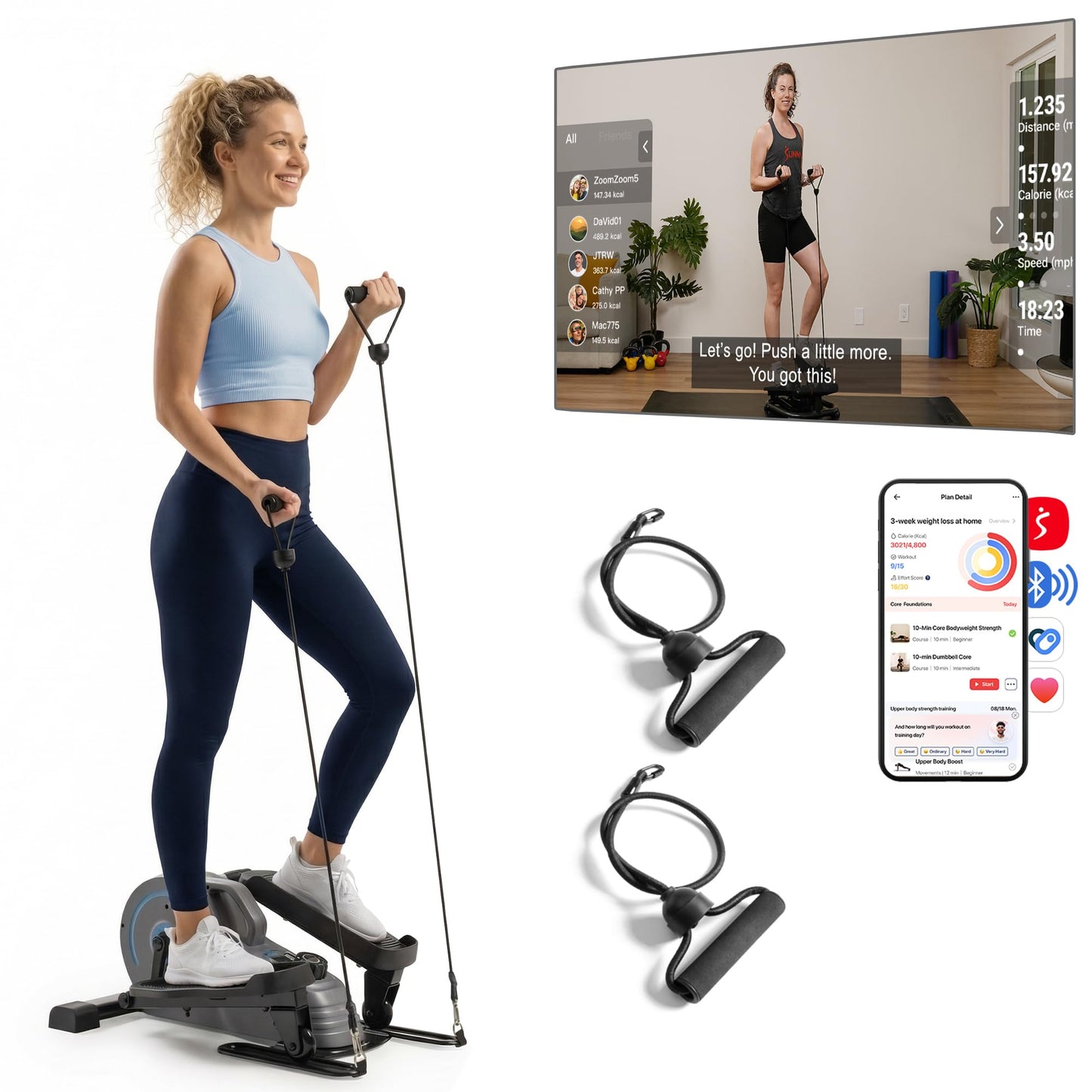 JLL Elliptical Exercise Machine, Compact Under Desk Pedal Exerciser & Trainer for Home Office, Magnetic 8-Level Resistance, Free Fitness App, with Resistance Bands