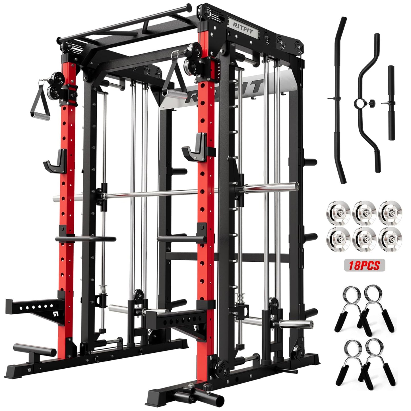 RitFit M2 Smith Machine with Cable Crossover System, 3D Functional Trainer & Power Cage, 16 Adjustment Holes, 6 Storage Pegs for Full-Body Home Gym(M2-3D Red)