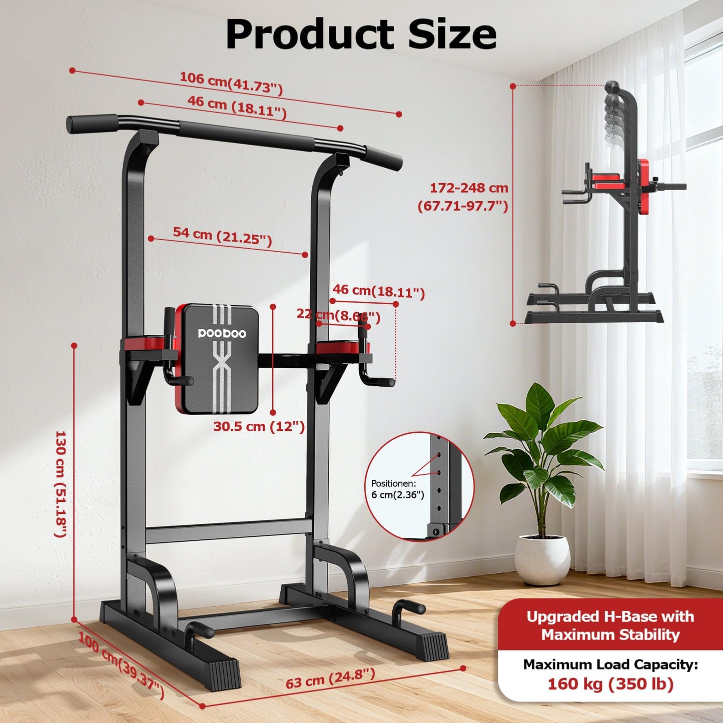 Power Tower Dip Station Pull Up Bar for Fitness Home Gym Workout,Multi-Function Adjustable Height Fitness Strength Training Exercise Equipment,with Power Elastic Ropes,Black Red-02