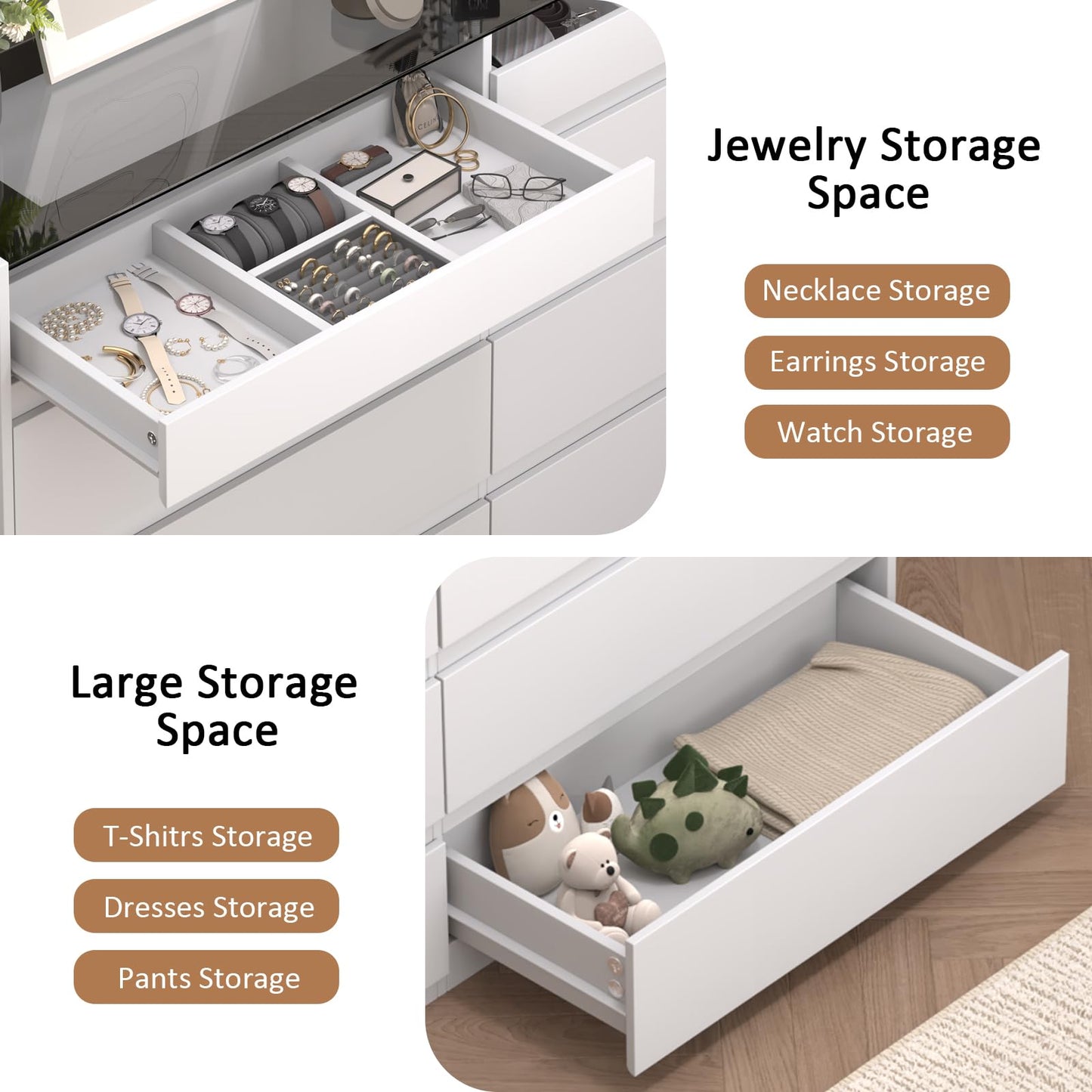 ZORPLIX White 8 Drawer Dresser for Bedroom, Modern Chest of Drawers, Jewelry Dresser Display with Glass Top and LED Light, Dressers Organizer for Bedroom, Closet, Living Room