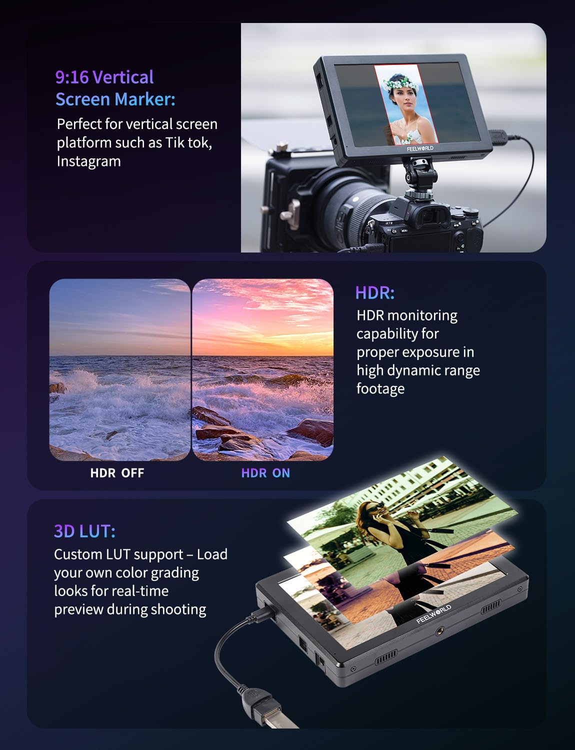 FEELWORLD T7SPRO 3G-SDI 2000Nit Aluminium Camera Field Monitor 7 Inch 1920x1200 IPS DLSR Video Monitor with 4K HDMI in/Out 3D LUTs Waveform 9:16 Marker F750 4400mAh Battery Hot Shoe Mount and Bag