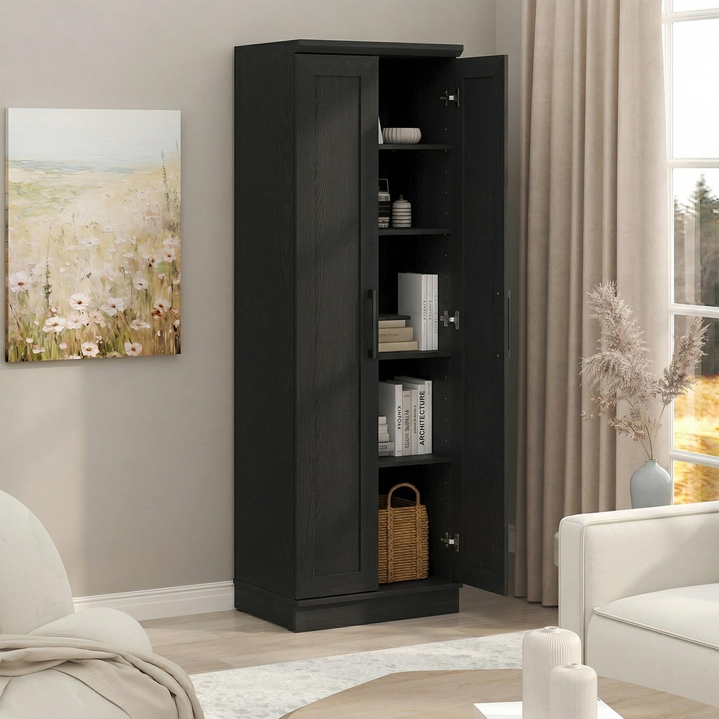 Furinno Robin Storage Cabinet, 5-Tier Pantry Cabinet with Adjustable Shelves, 23W with 2 Shaker-Doors, Kitchen Cabinet, Organization and Storage, for Pantry, Living Room, Home Office, Black Woodgrain