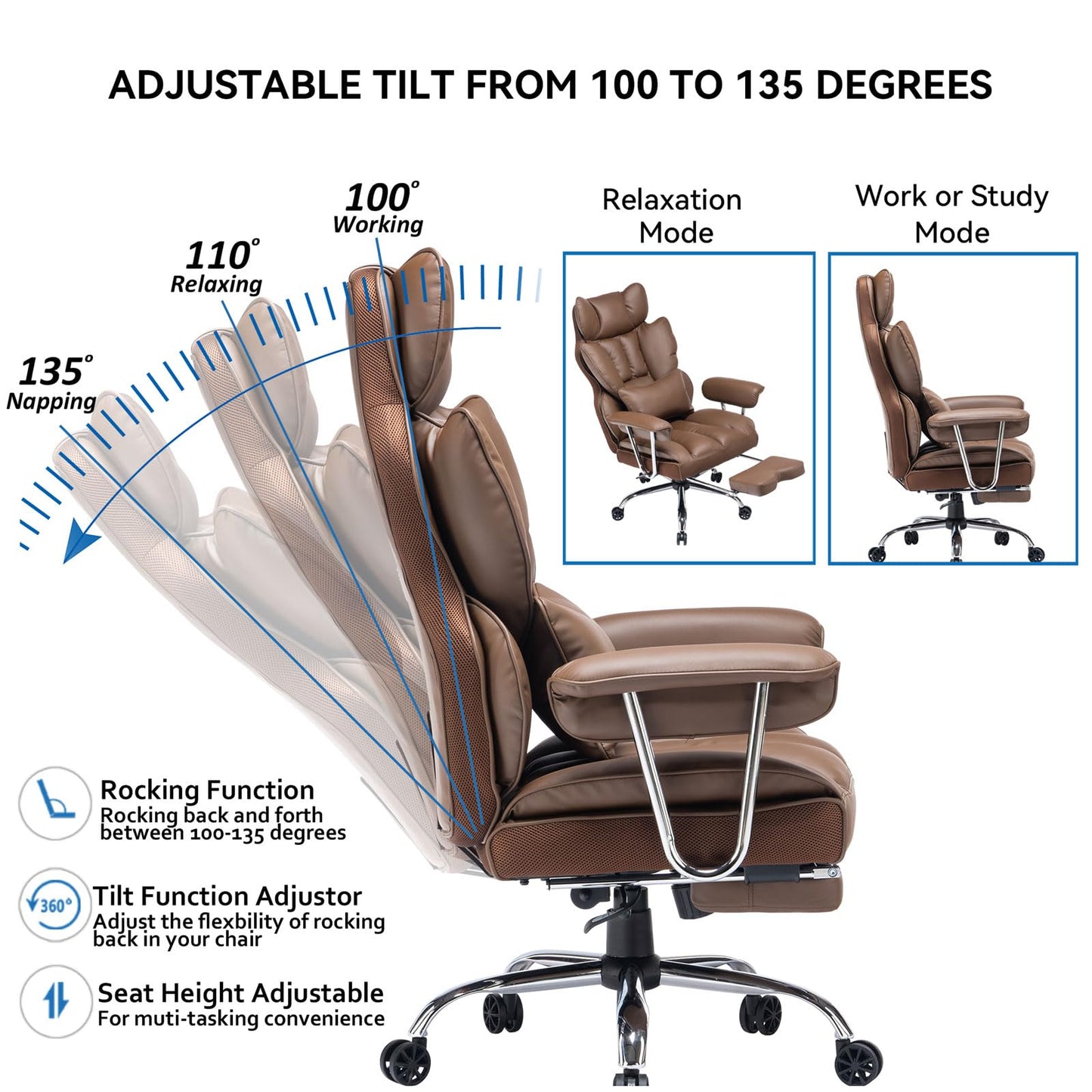 Efomao Big and Tall Office Chair 400lbs – PU Leather Executive Office Chair with Lumbar Support & Leg Rest, Heavy-Duty Computer Chair for Home Office, Brown