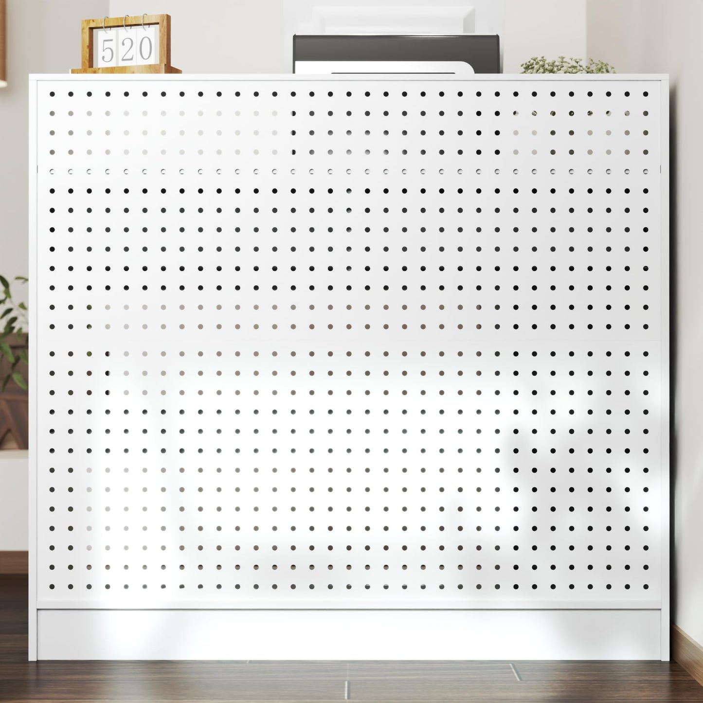 AIEGLE Reception Desk with Counter & Pegboard, Modern Retail Checkout Counter with 2 Lockable Drawers & Adjustable Shelf, 47.2" White Reception Room Table for Salon, Lobby, Office