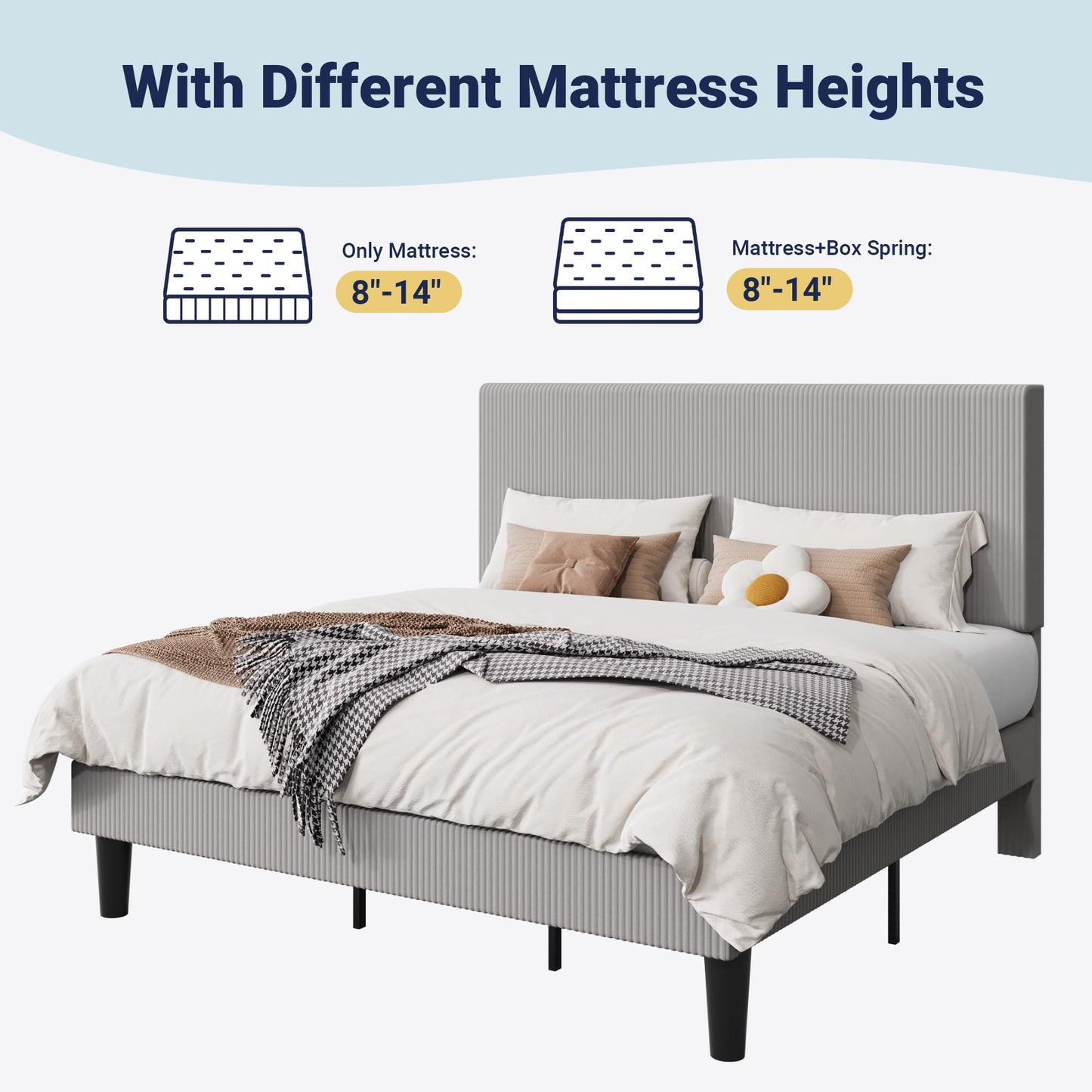 Allewie King Size Upholstered Bed Frame with Vertical Channel Tufted Headboard, Soft Corduroy Fabric Platform Bed, Strong Wooden Slats Support, Easy Assembly, No Box Spring Needed, Light Grey