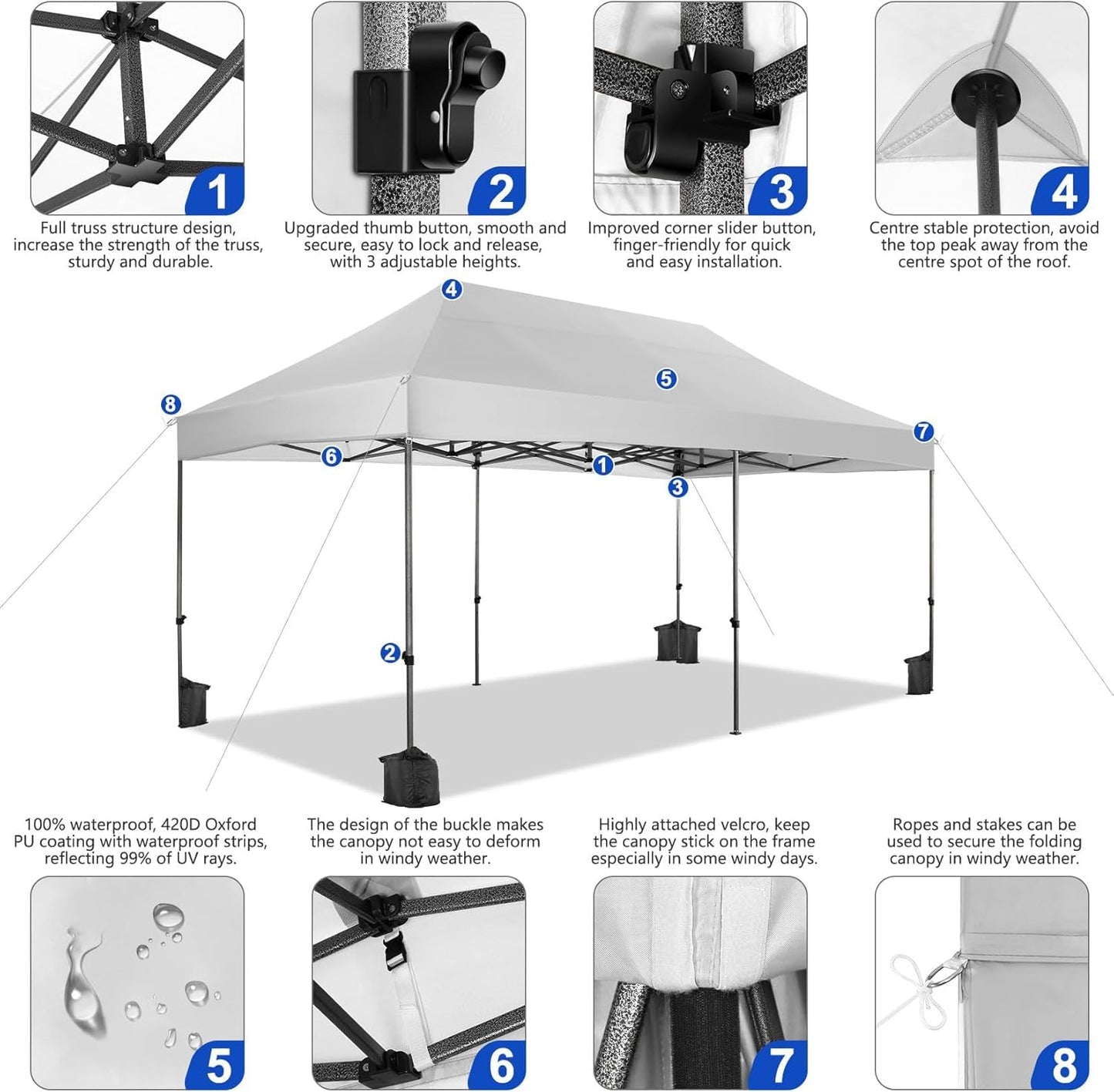 COBIZI 10x20 Pop up Canopy Tent Heavy Duty, Easy Set-up Commercial Outdoor Party Tents, 100% Waterproof Wedding Gazebo, 3 Height Adjustable with Wheeled Bag, White