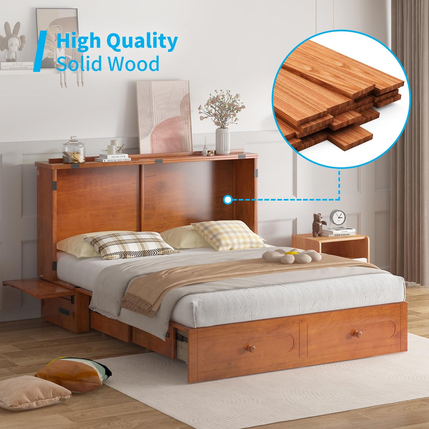 Mjkone Queen Murphy Bed Cabinet with Tri-Fold Mattress Included, Storage & Charging Station & Headboard Side Panel, 63"W Wood Murphy Cabinet Chest Beds, Guest Wall Bed for Living Room, Bedroom, Cherry