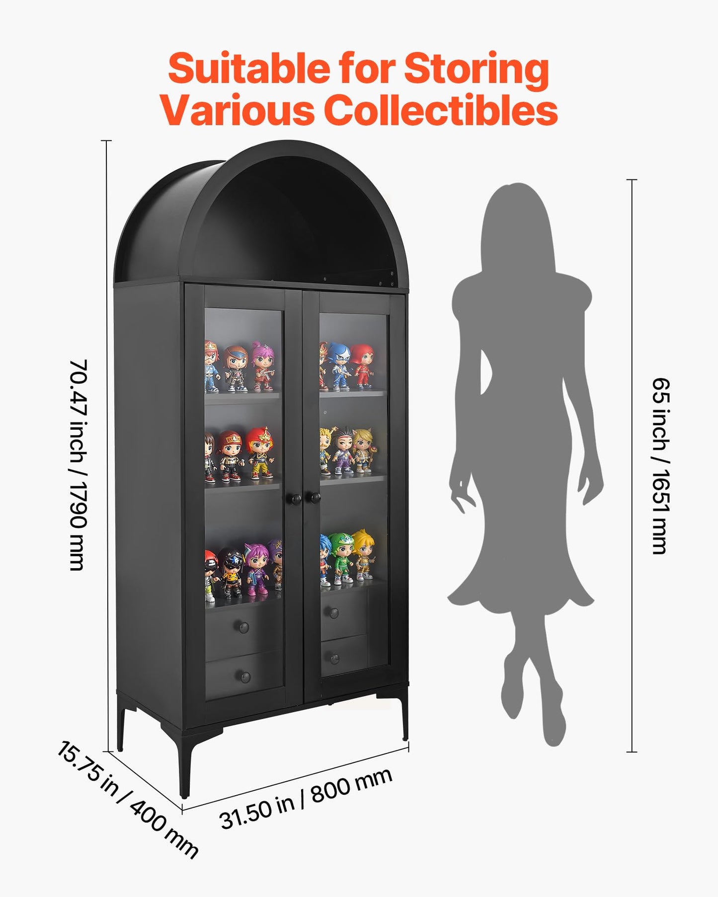 VEVOR Arched Kitchen Pantry Cabinet with Glass Doors, 70in Tall Curio Cabinet, 4-Tier Display Case with 2 Adjustable Shelves, Bookcase Bookshelf for Collectibles Storage Living Room Office