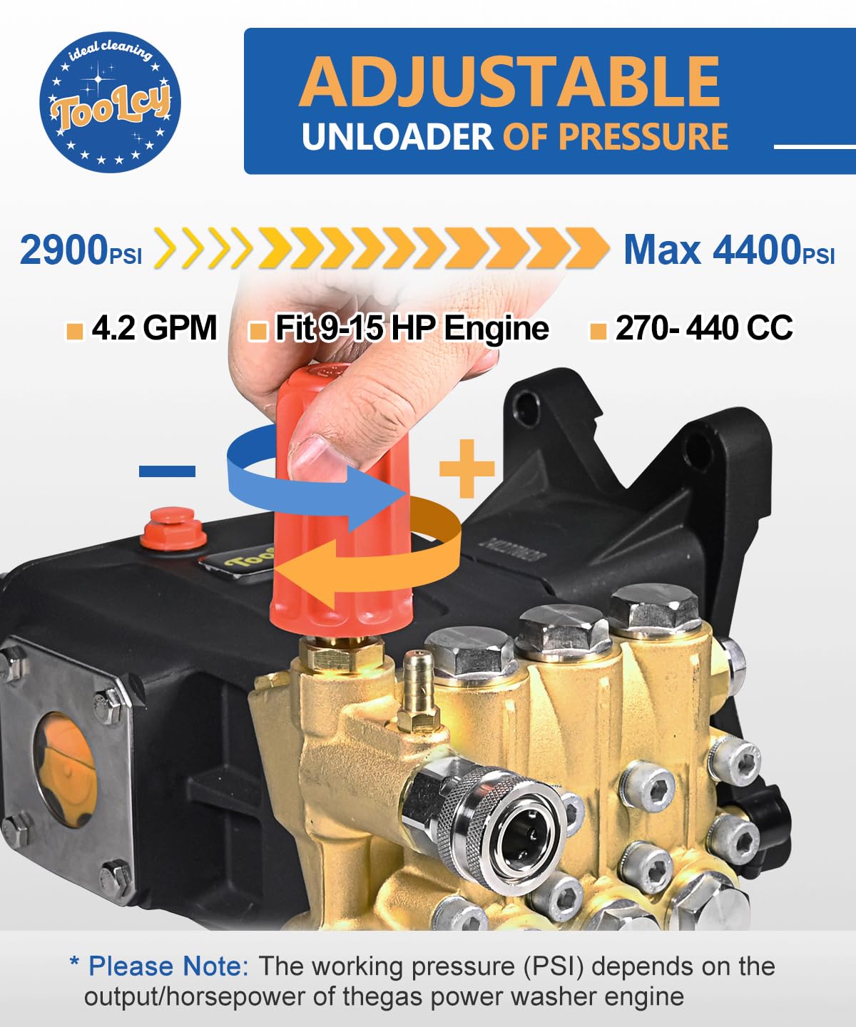 TOOLCY Pressure Washer Pump Max 4400 PSI 4.2 GPM, 1" Shaft Horizontal Gas Power Washer Replacement, Direct Drive Triplex Plunger Pump with Pressure Adjustment Unloader, 5 Nozzle Tips