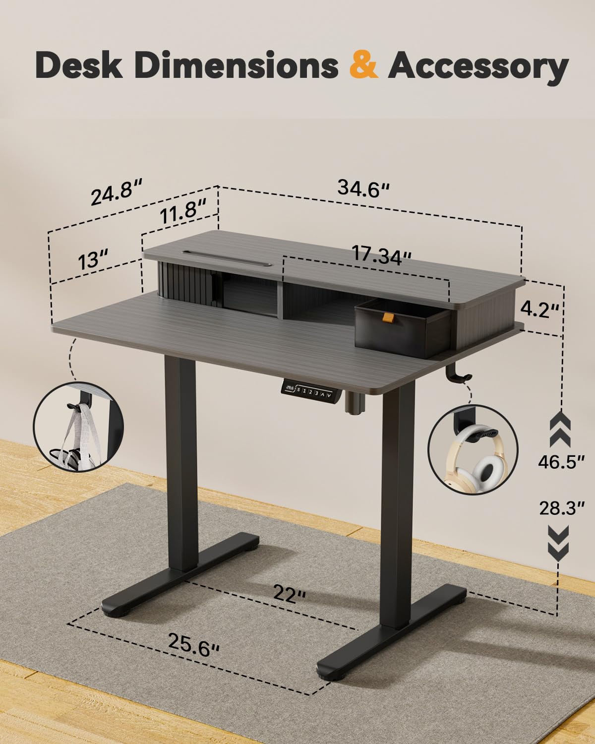 JOY worker Small Electric Standing Desk, 35" x 25" Height Adjustable Table with Built-in Monitor Stand & Storage Drawer, Grey Sit Stand Desk with 2 Hooks for Home Office