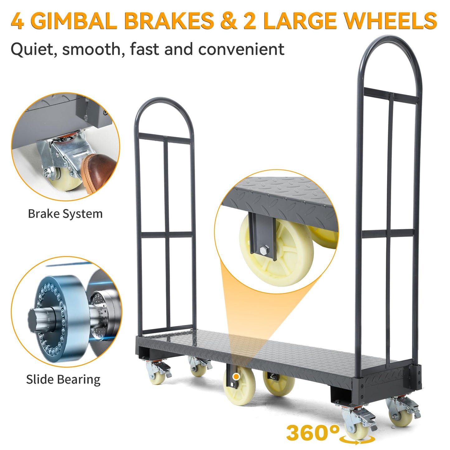 YINTATECH 2000lbs Heavy-Duty U-Boat Cart, 63"*15.75"*60.8" U Boat Platform Dolly with 6 Casters(4 Swivel Wheels with Brake & 2 Solid Wheels) for Garage,Warehouse,Household