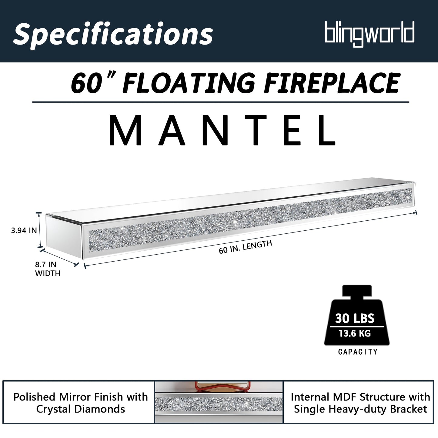 blingworld Mirrored Fireplace Mantel 60 Inches, Handcrafted Glass Mantel for Over Fireplace, Crystal Crushed Diamond Fireplace Mantel Shelf, Wall Mounted Floating Fireplace Mantels, Silver