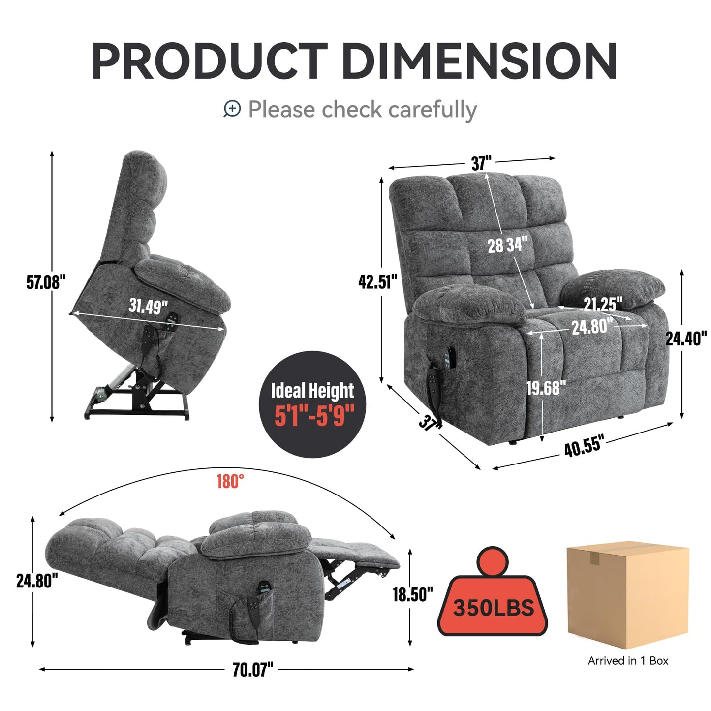 KEIKI Oversized Dual Motor Power Lift Recliner Chair for Elderly, Polyester Upholstery Breathable Rocking Chair with Back Massager and Heated, Home Lounging and Entertainment Center, Grey