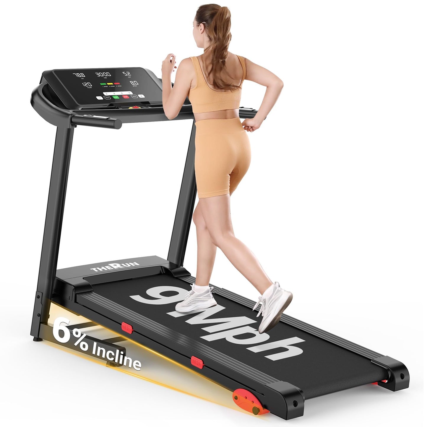 THERUN Incline Treadmill, Running Treadmills with Incline, Foldable Treadmills Heart Rate Sensors, 18″LED Display Manual Adjustment, 3.0HP Treadmill for Indoor Fitness Workouts, Black Red