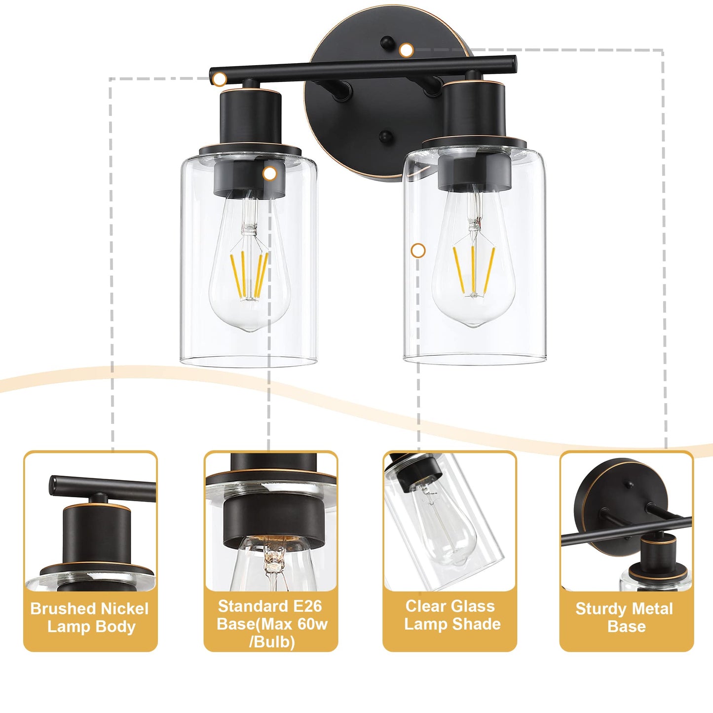 Pia Ricco 2-Light Bathroom Vanity Light Fixtures, Oil Rubbed Bronze, Glass Shades, Model 41922