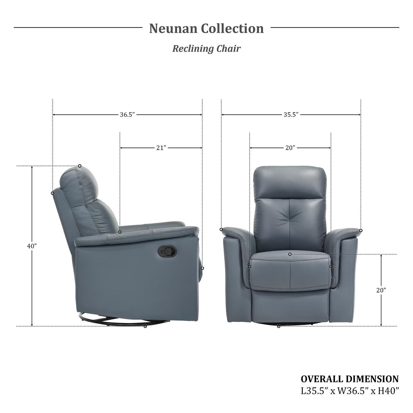 Lexicon Swivel Glider Recliner Chair, Comfy Nursery Glider, Top Grain Leather Match Recliner, Manual Reclining Chair for Living Room/Office/Apartment, Blue Gray