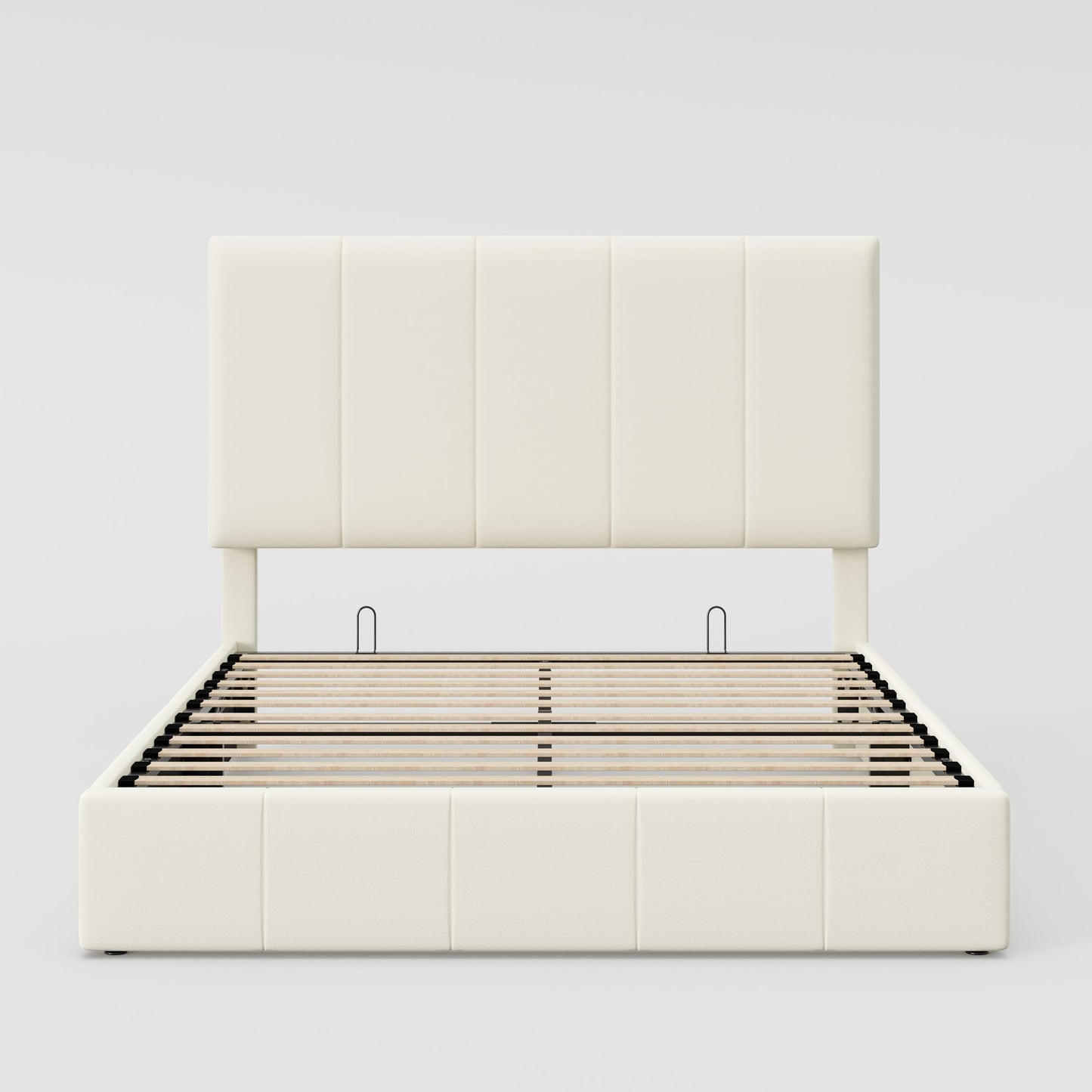 Allewie Full Size Velvet Lift Up Storage Bed Frame, Vertical Channel Tufted Headboard, Hydrualic Underneath Storage, Upholstered Platform Bed, Wooden Slats Support, No Box Spring Needed, Cream