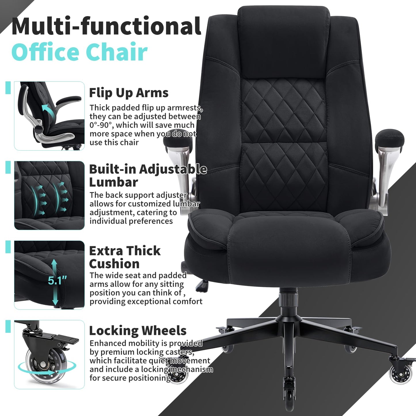 Fabric High Back Office Chair with Lockable Quiet Casters, Thick Padded Ergonomic Computer Chair- Adjustable Lumbar Support & Flip-Up Arms, Wide Executive Desk Chair for Back Pain, 400LBS Capacity